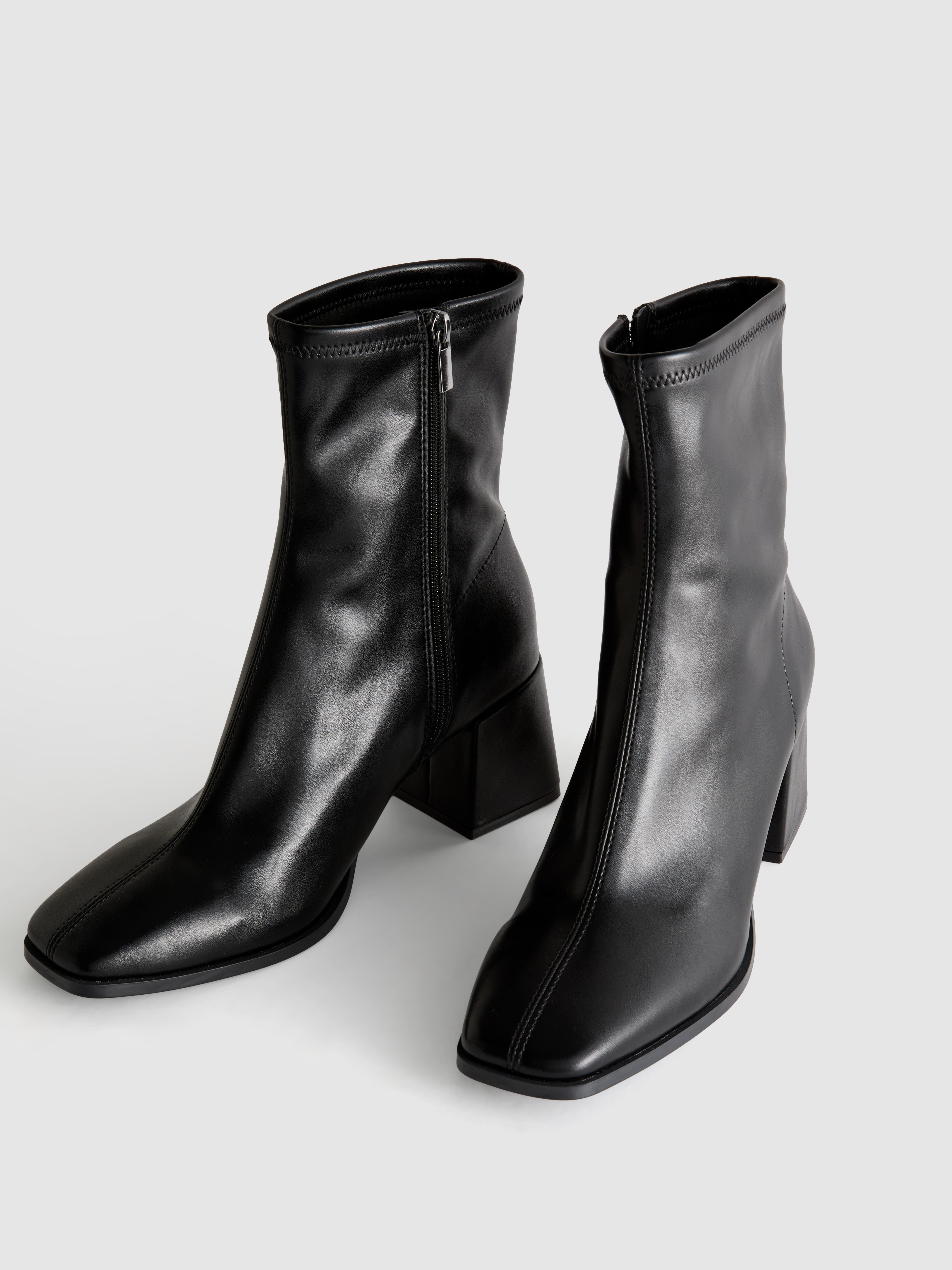Faux Leather Stretch Heeled Ankle Boot