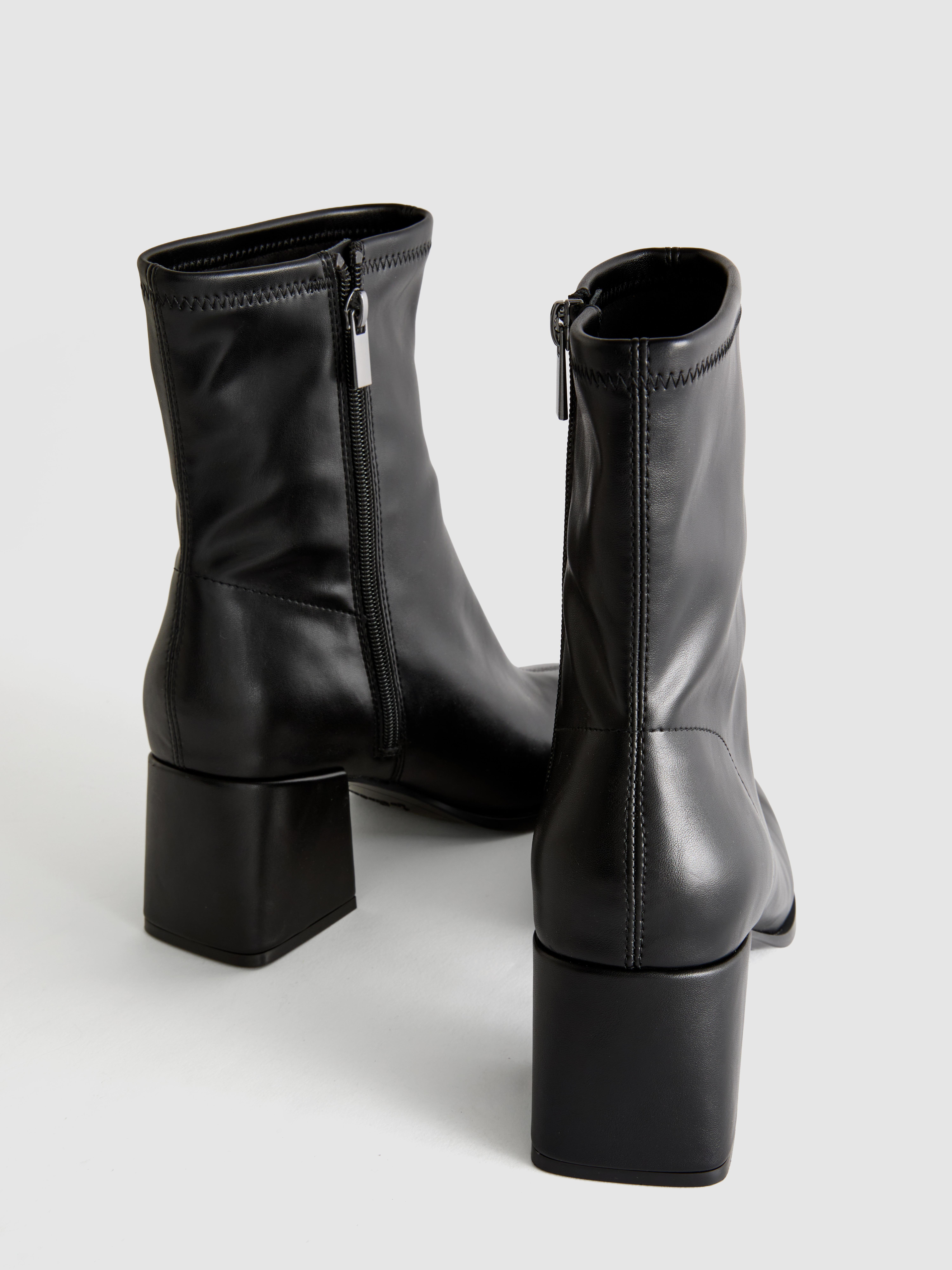 Faux Leather Stretch Heeled Ankle Boot