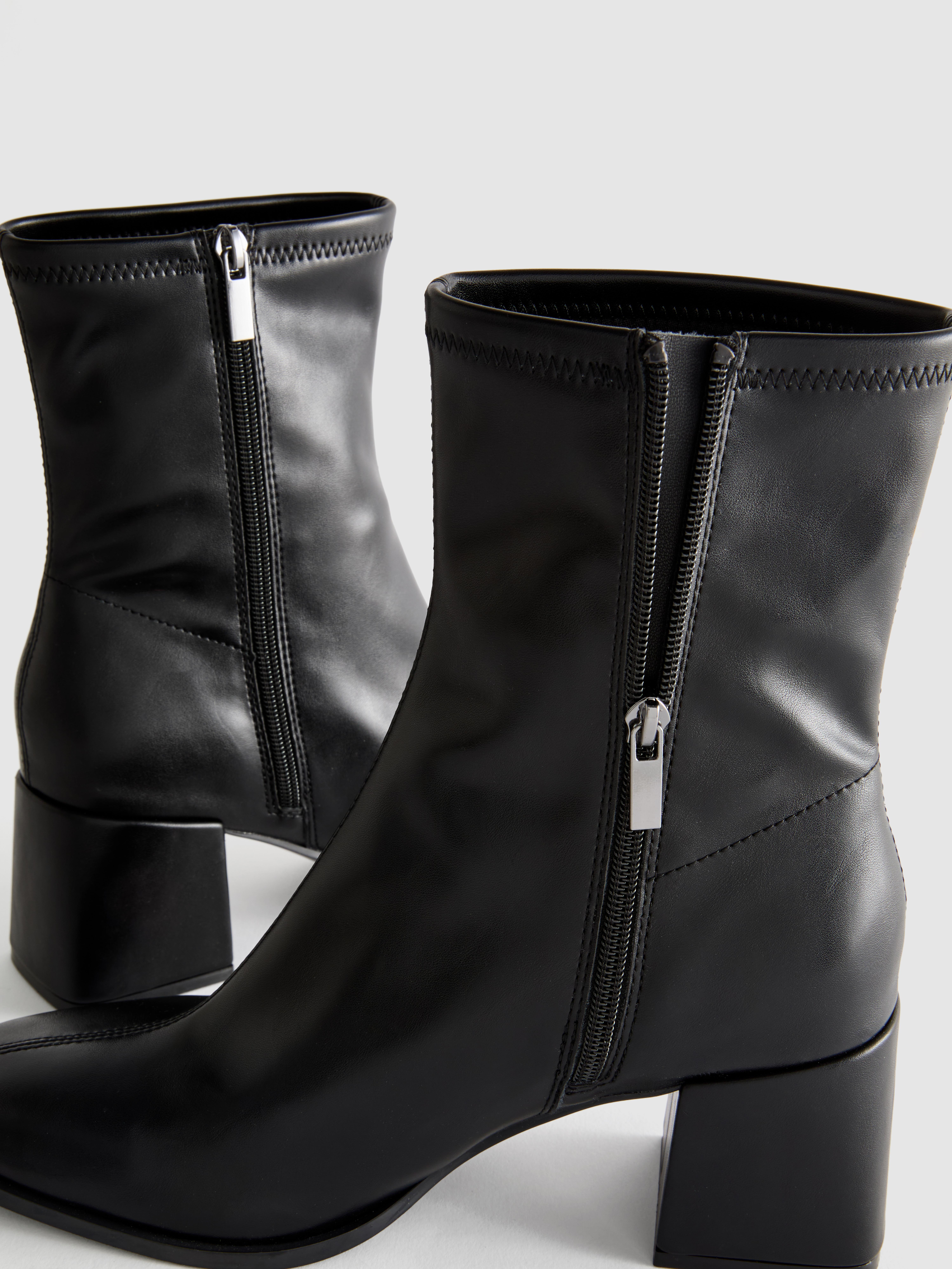 Faux Leather Stretch Heeled Ankle Boot