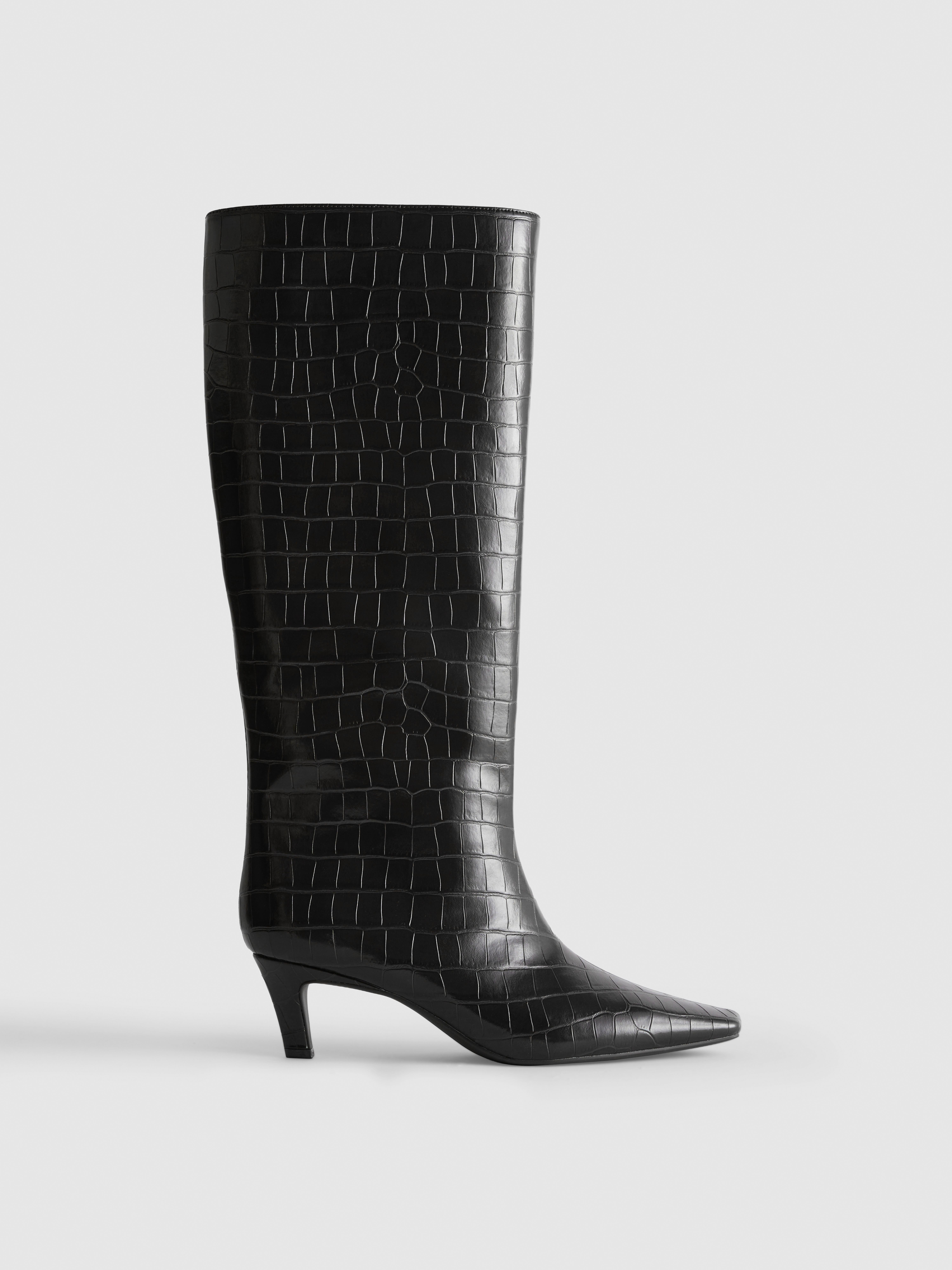 Faux Croc Pointed Knee-High Heeled Boots