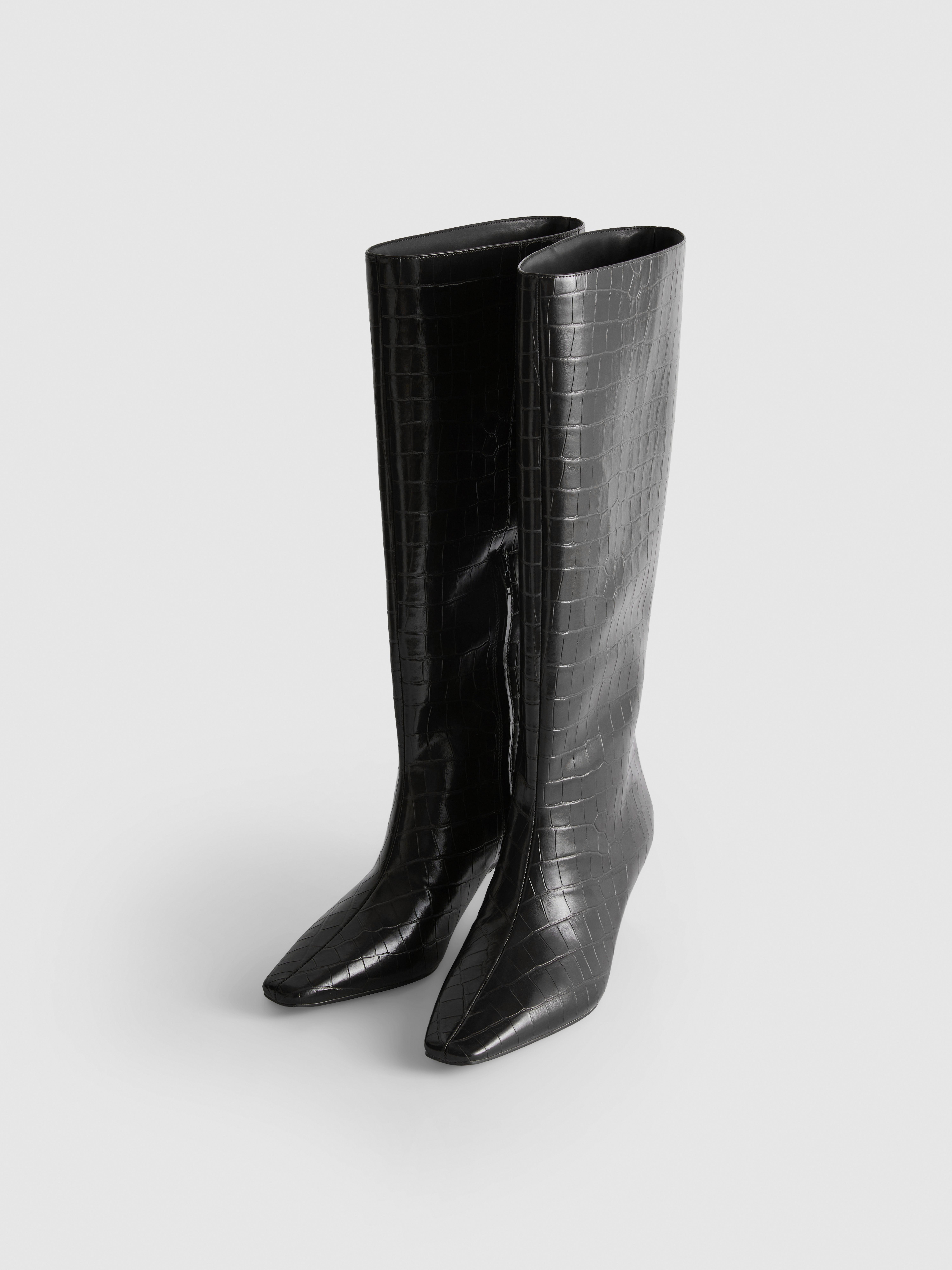 Faux Croc Pointed Knee-High Heeled Boots
