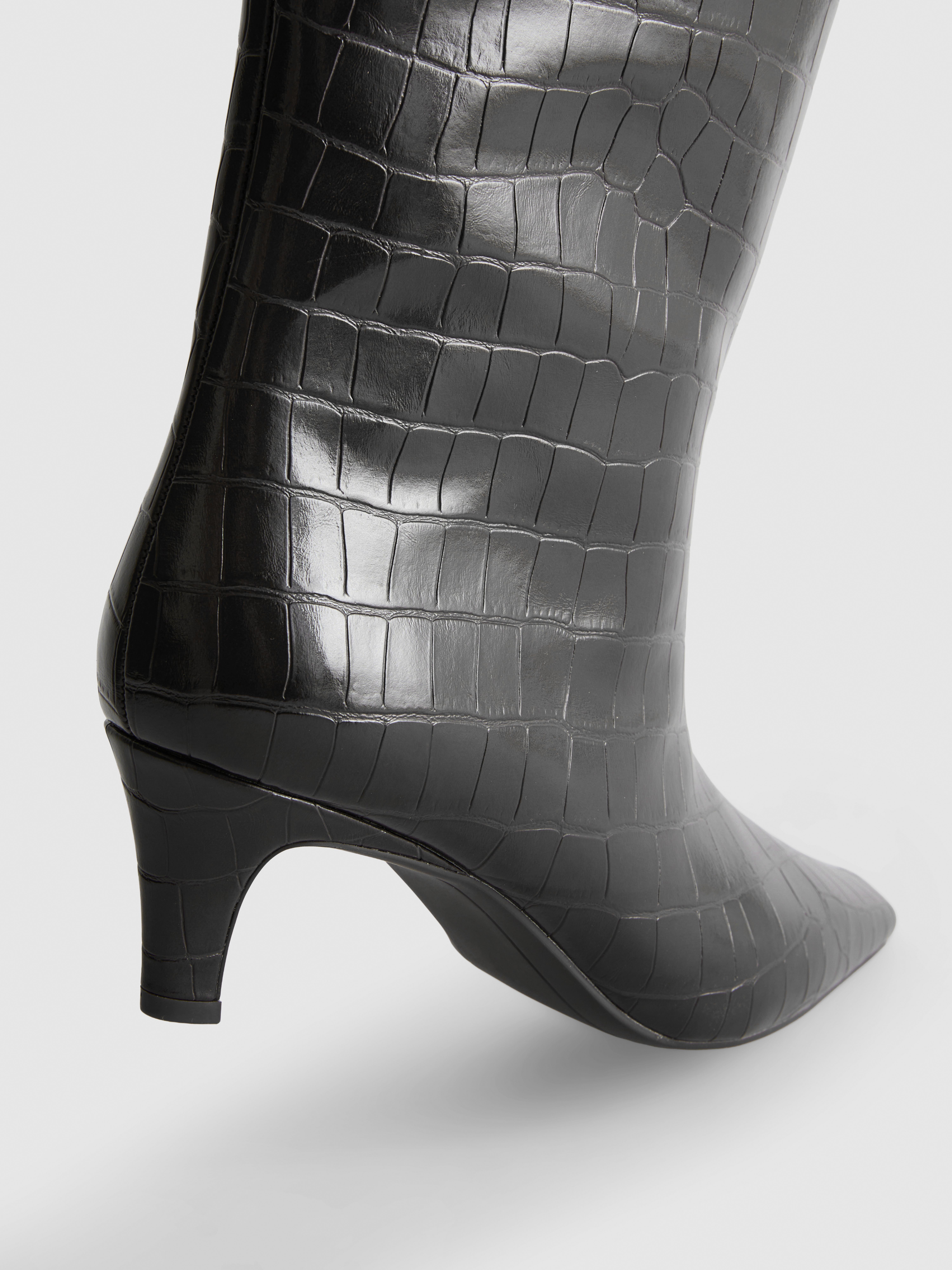 Faux Croc Pointed Knee-High Heeled Boots