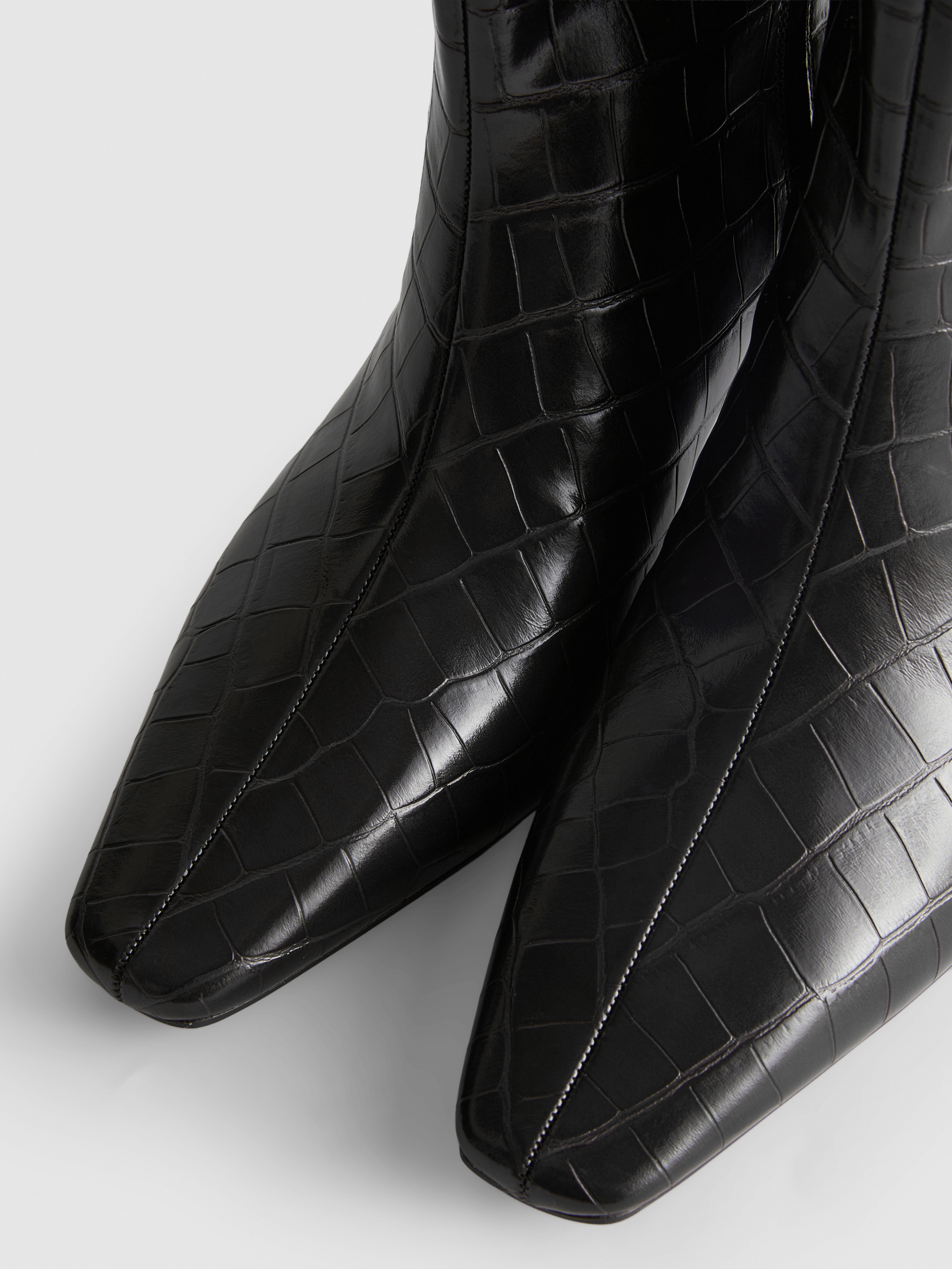 Faux Croc Pointed Knee-High Heeled Boots