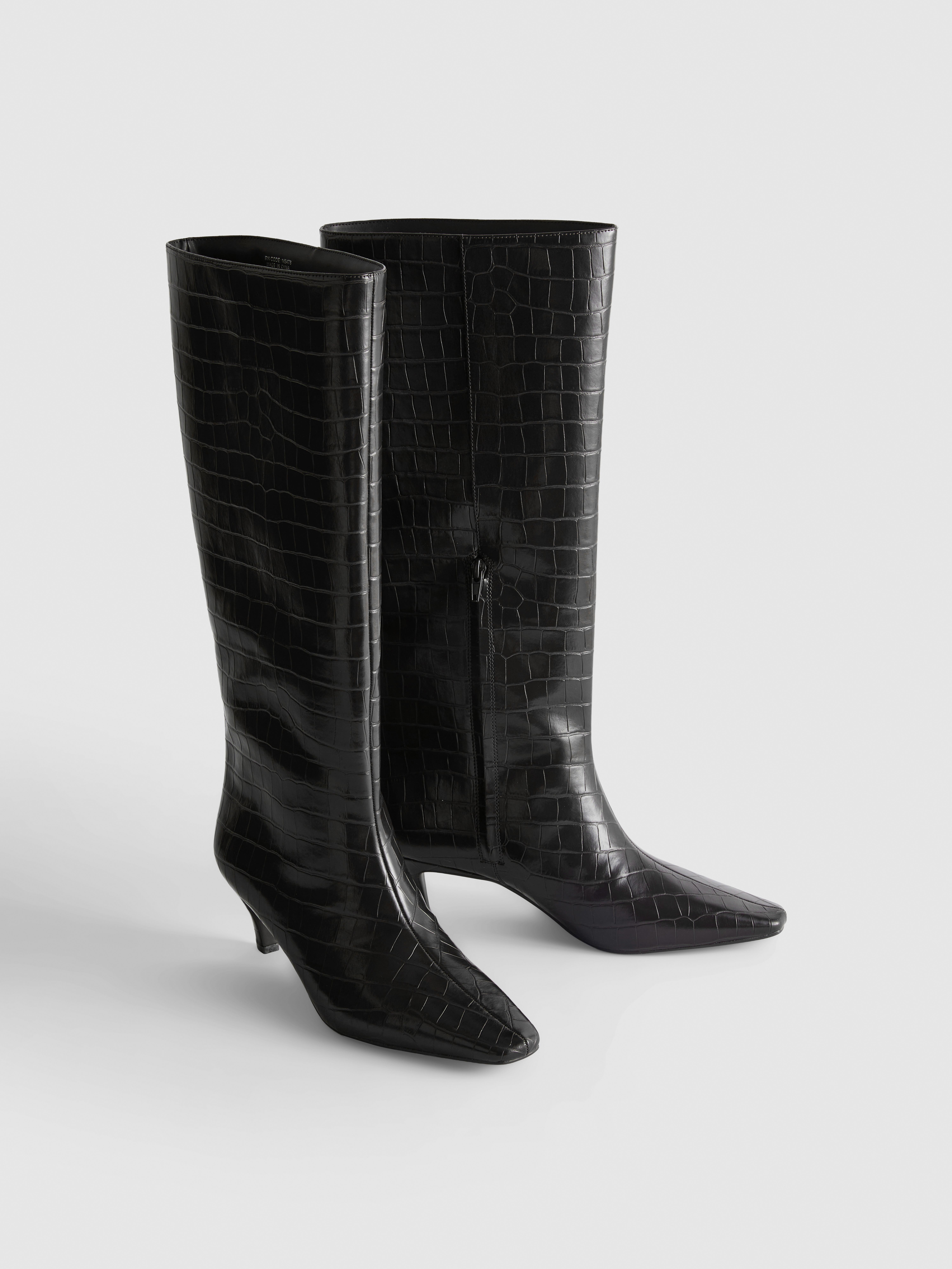 Faux Croc Pointed Knee-High Heeled Boots