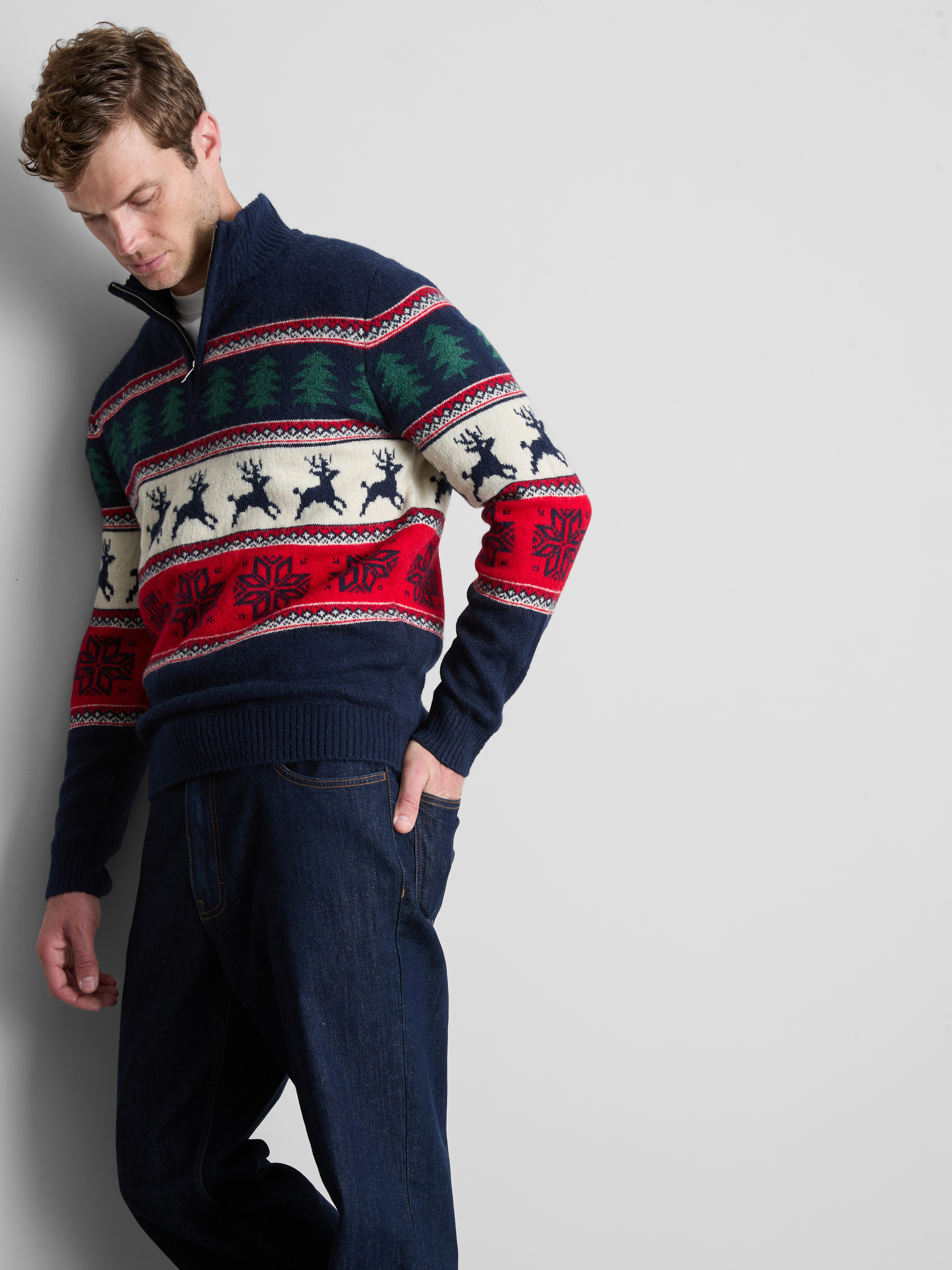 Men's Ivory Reindeer Fair Isle Quarter-Zip Knitted Sweater | Primark