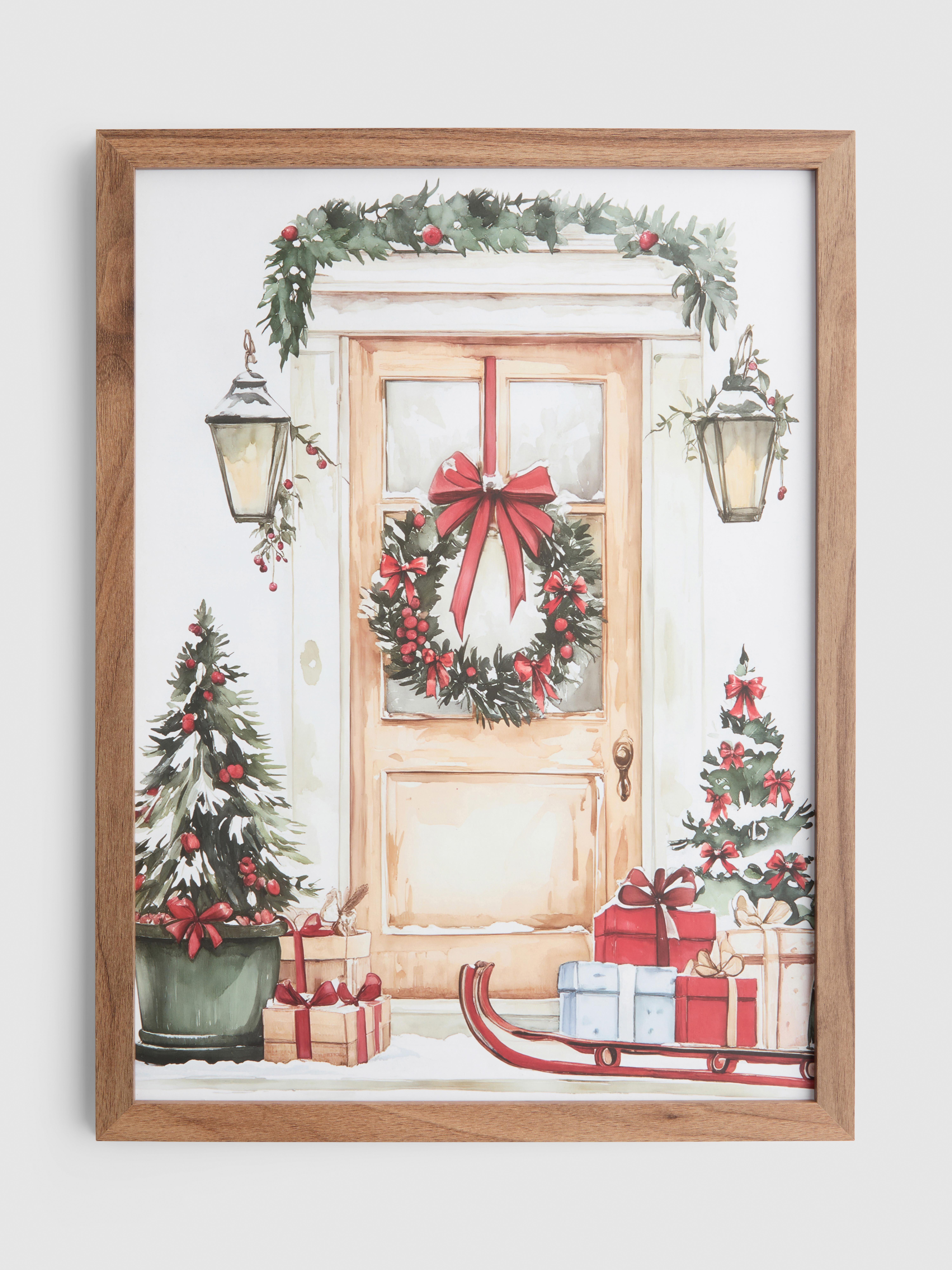 Ingelijste muurdecoratie met voordeur in kerstsfeer