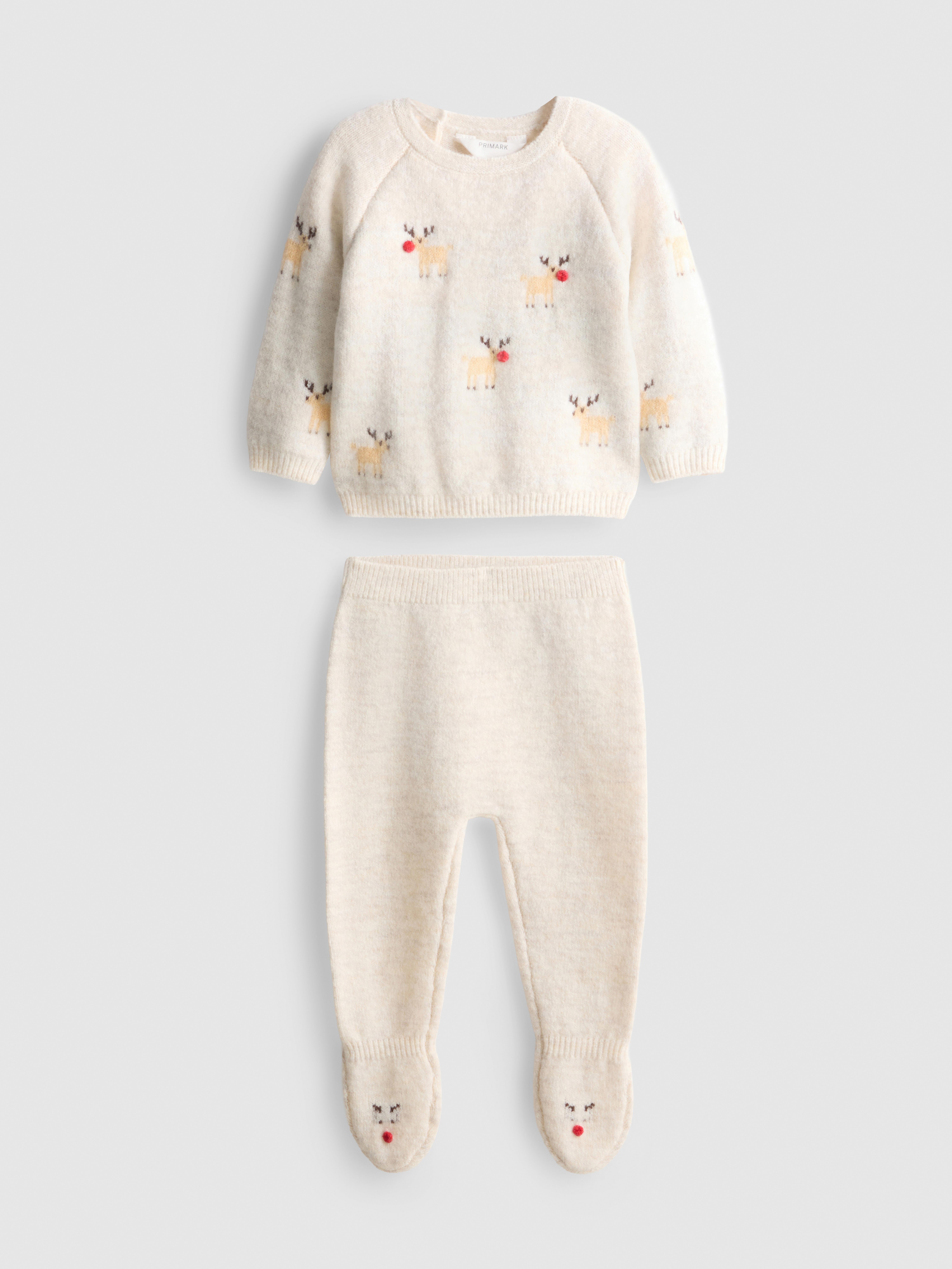 0-9mths | Christmas Reindeer and Knit Footed Leggings Set