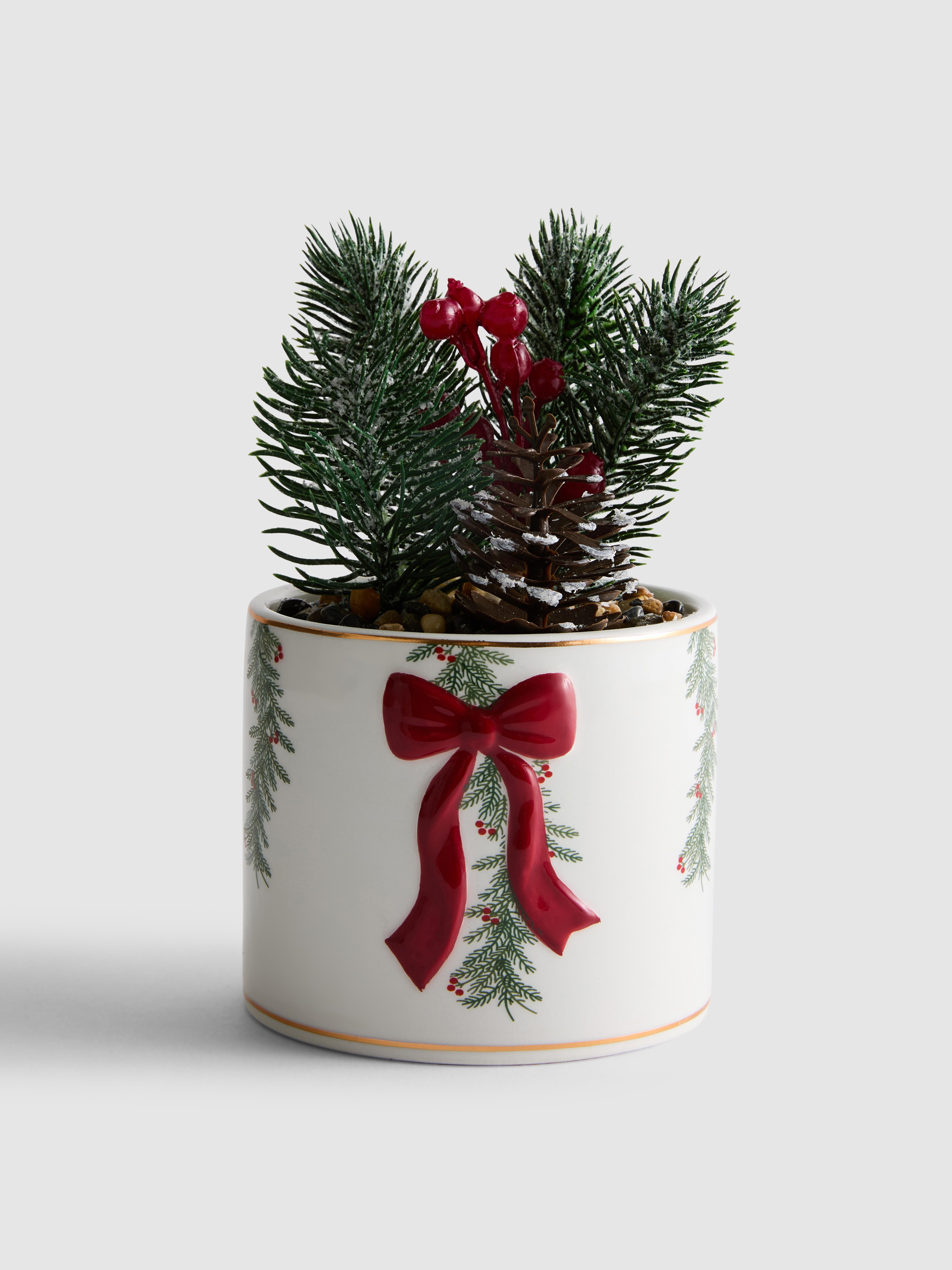 Künstl. Weihnachtszweige im Topf m. Schleife - Rot