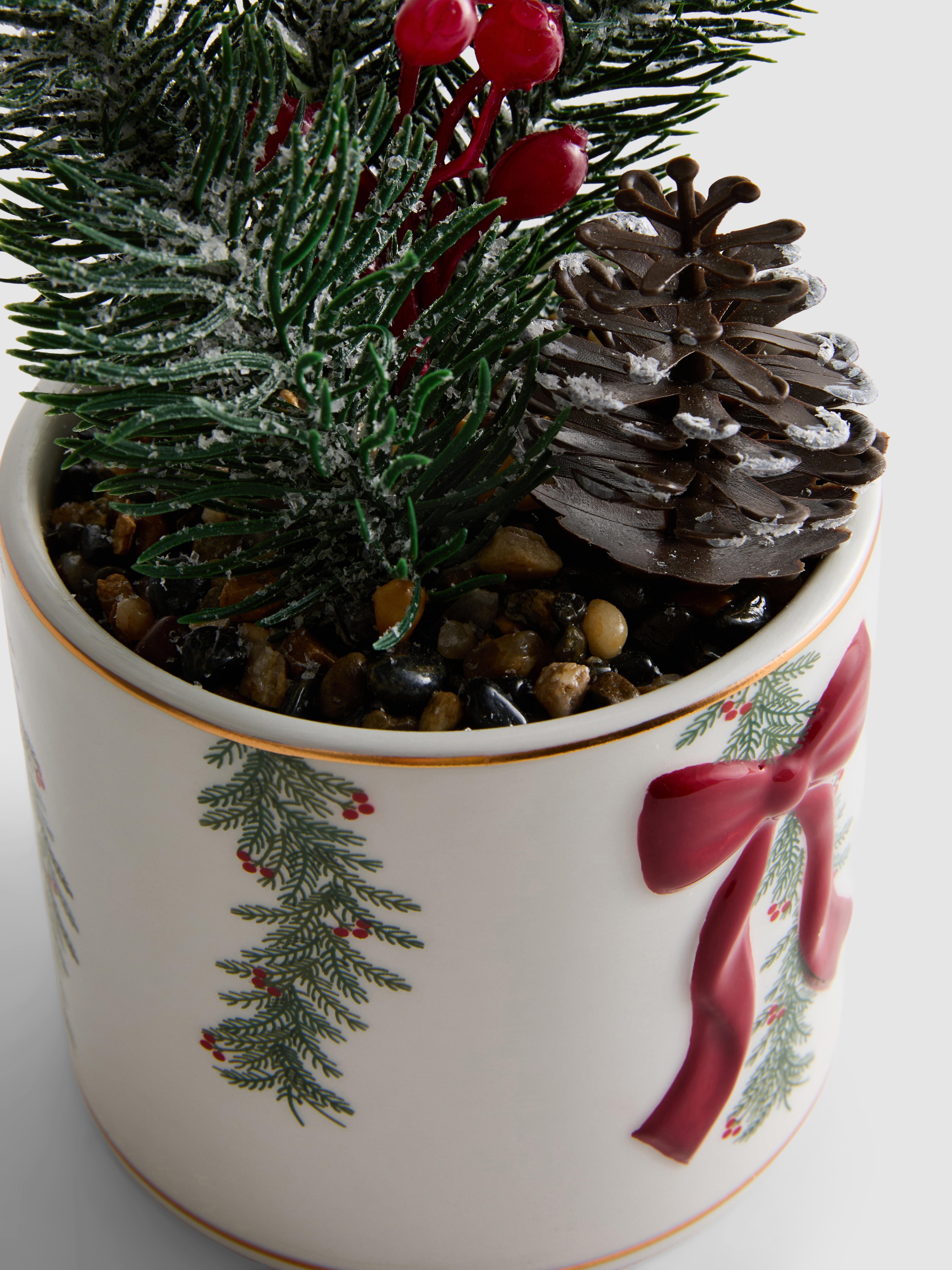 Künstl. Weihnachtszweige im Topf m. Schleife - Rot