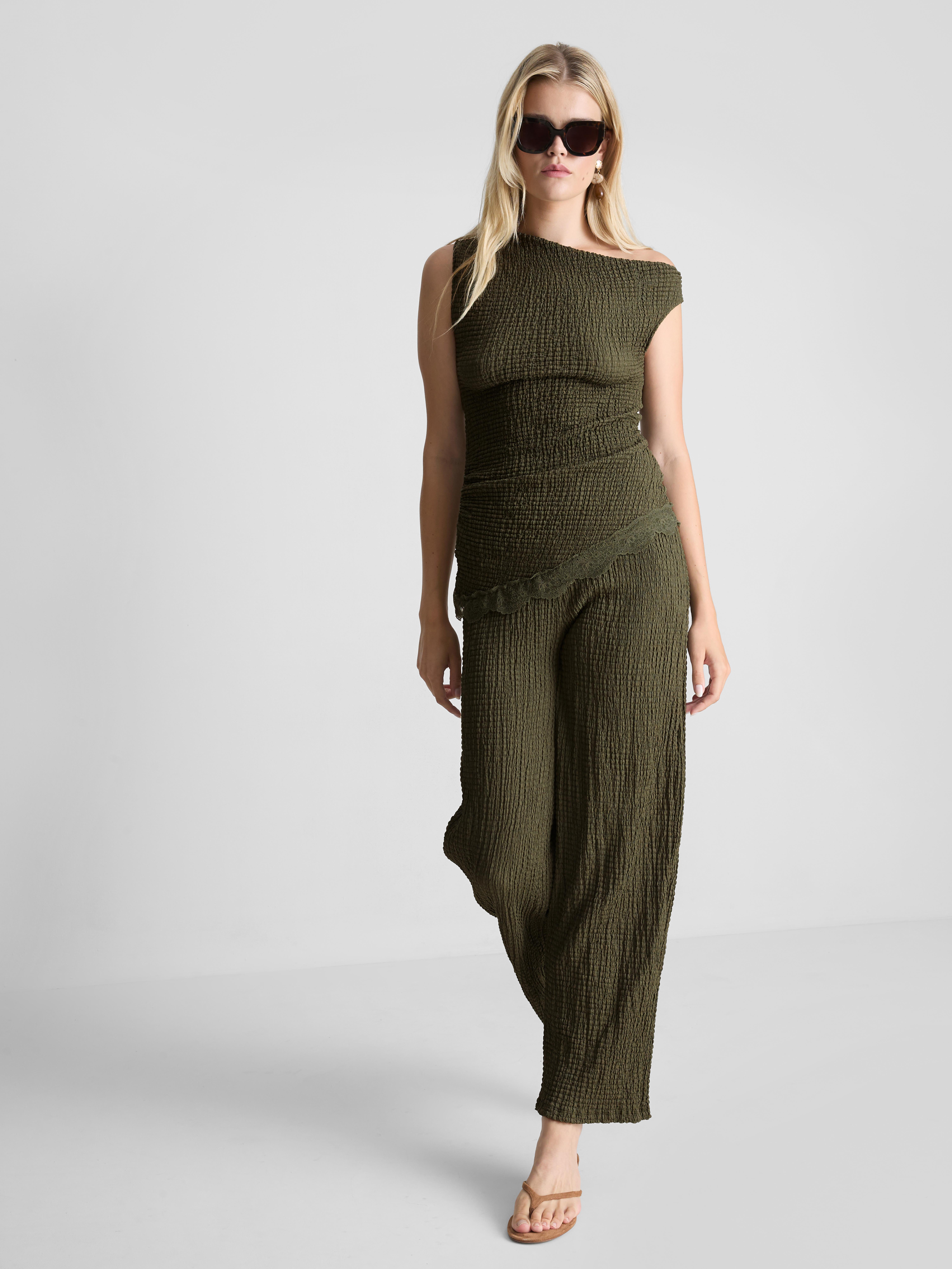 Textured Asymmetric Lace Trim Top Green