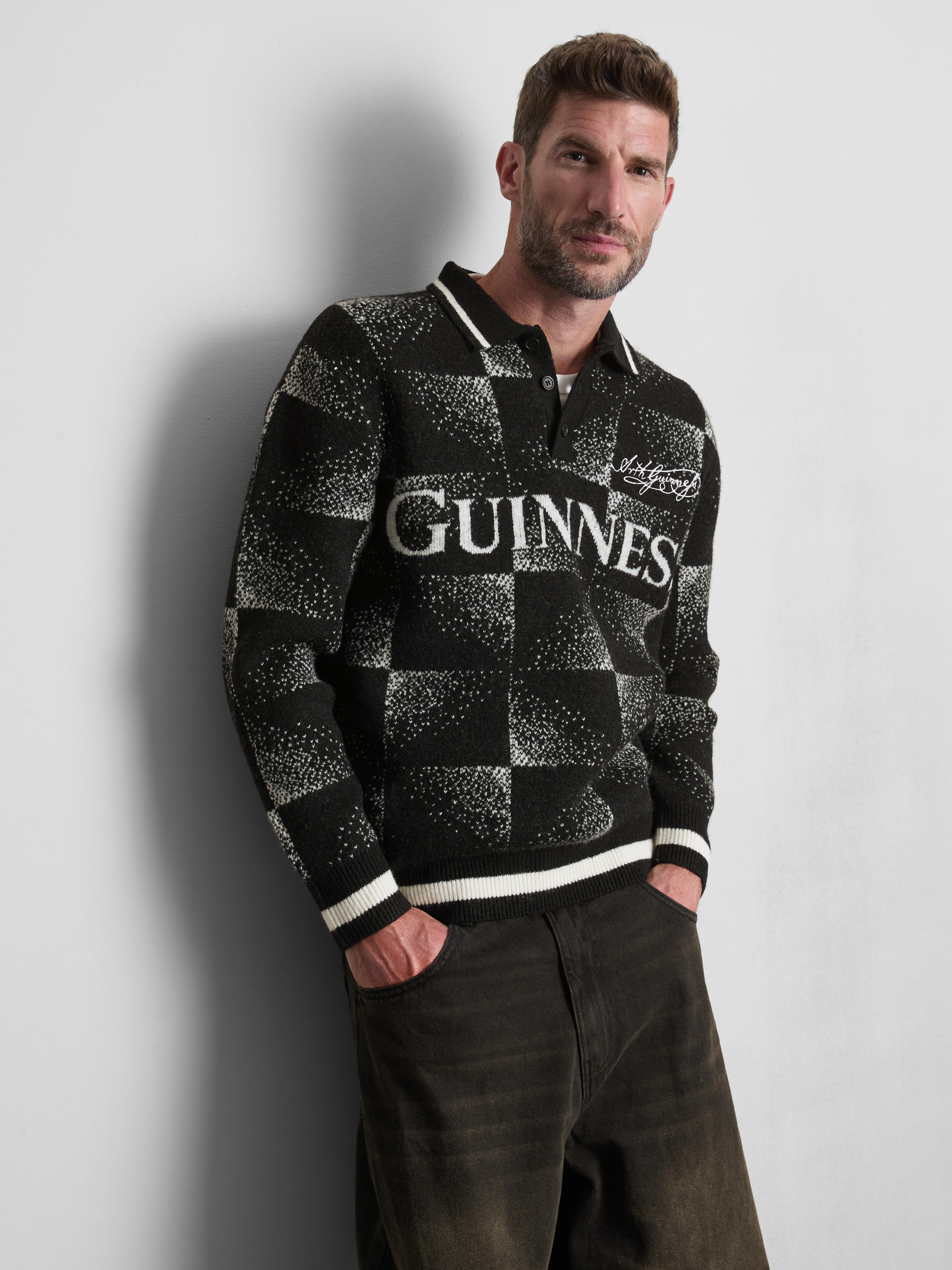 Guinness Checked Knit Polo Sweater