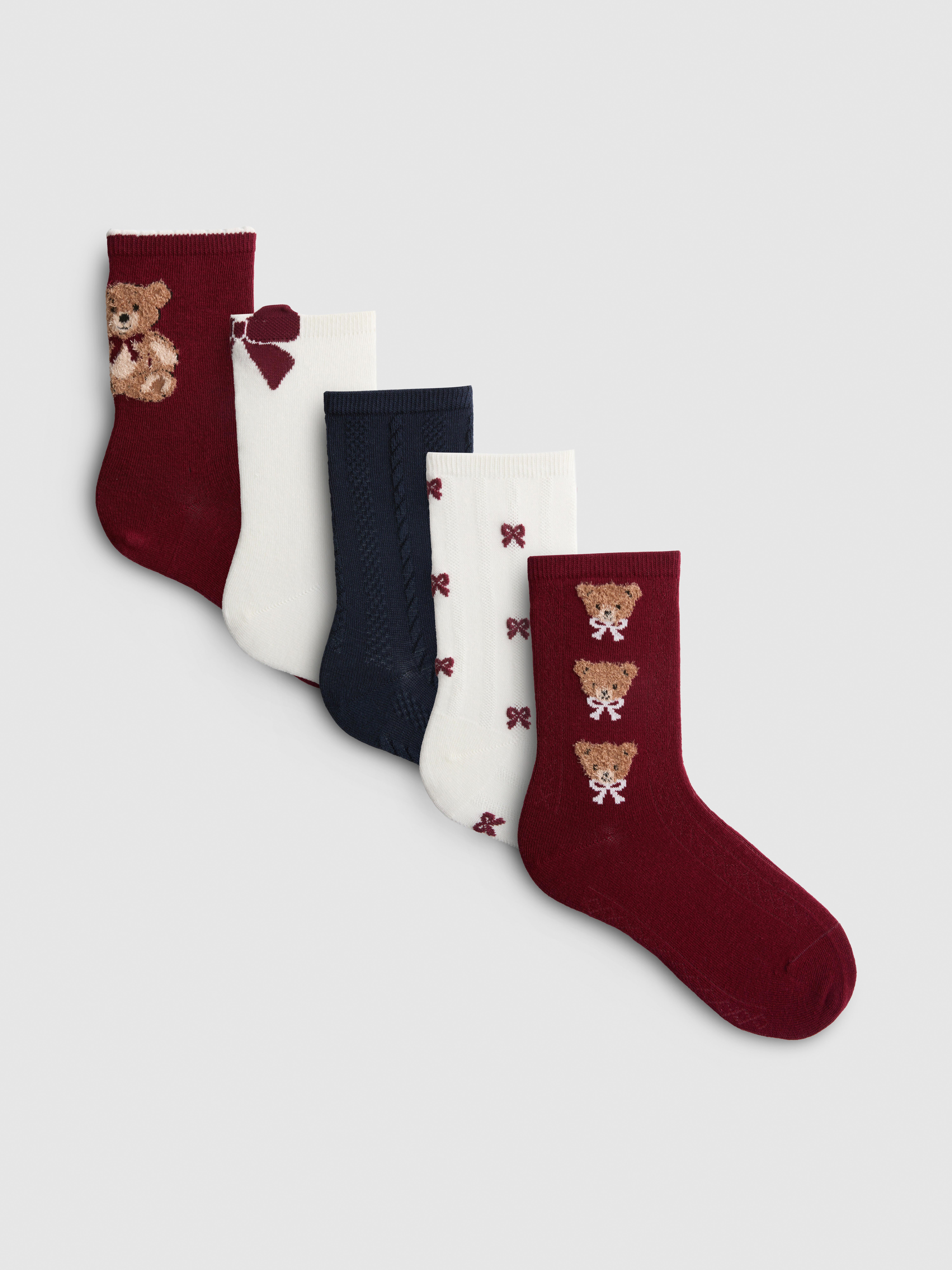 5pk Cotton-Rich Bear Patterned Crew Socks