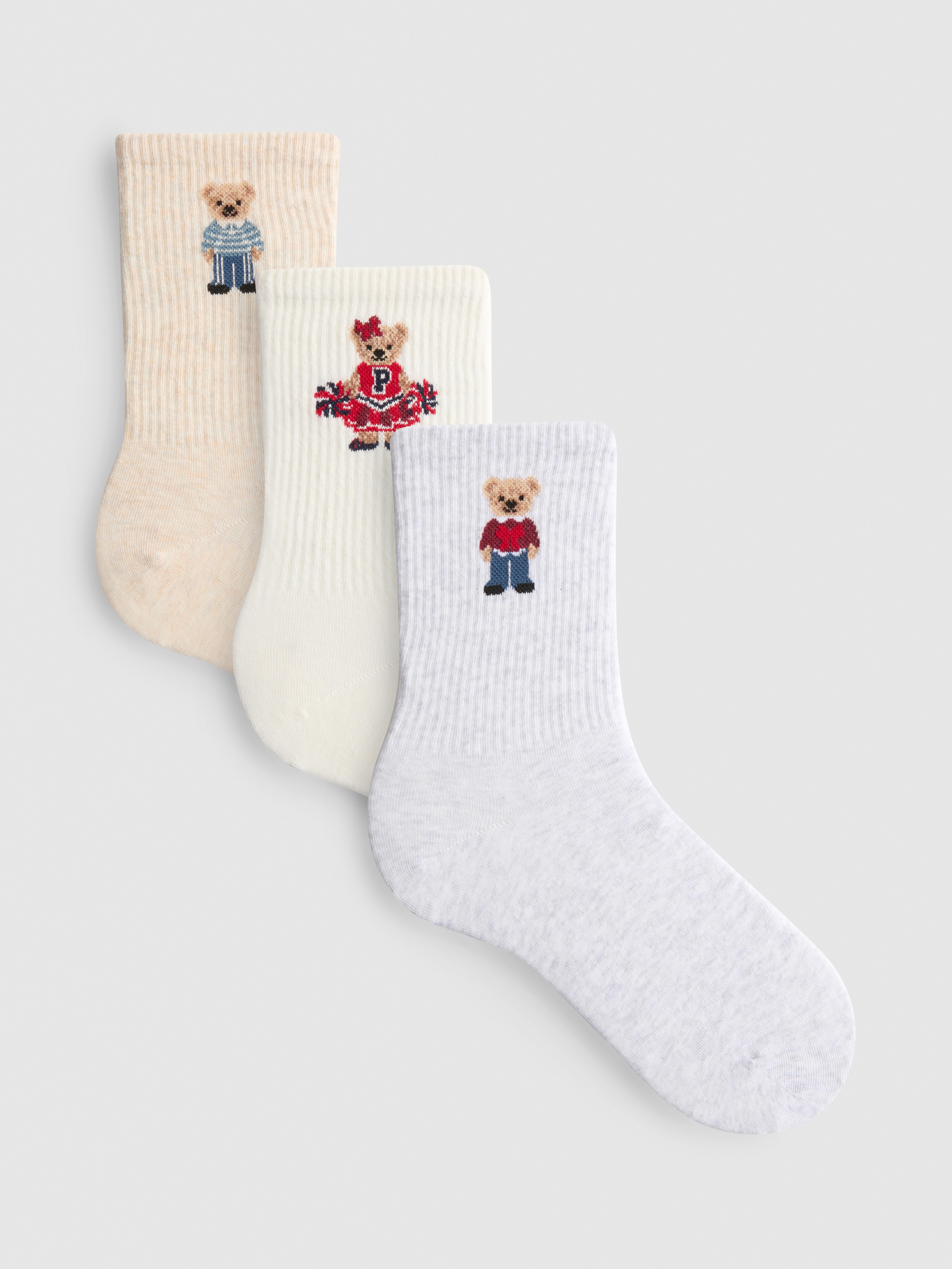 3pk Cotton-Rich Teddy Bear Graphic Crew Socks