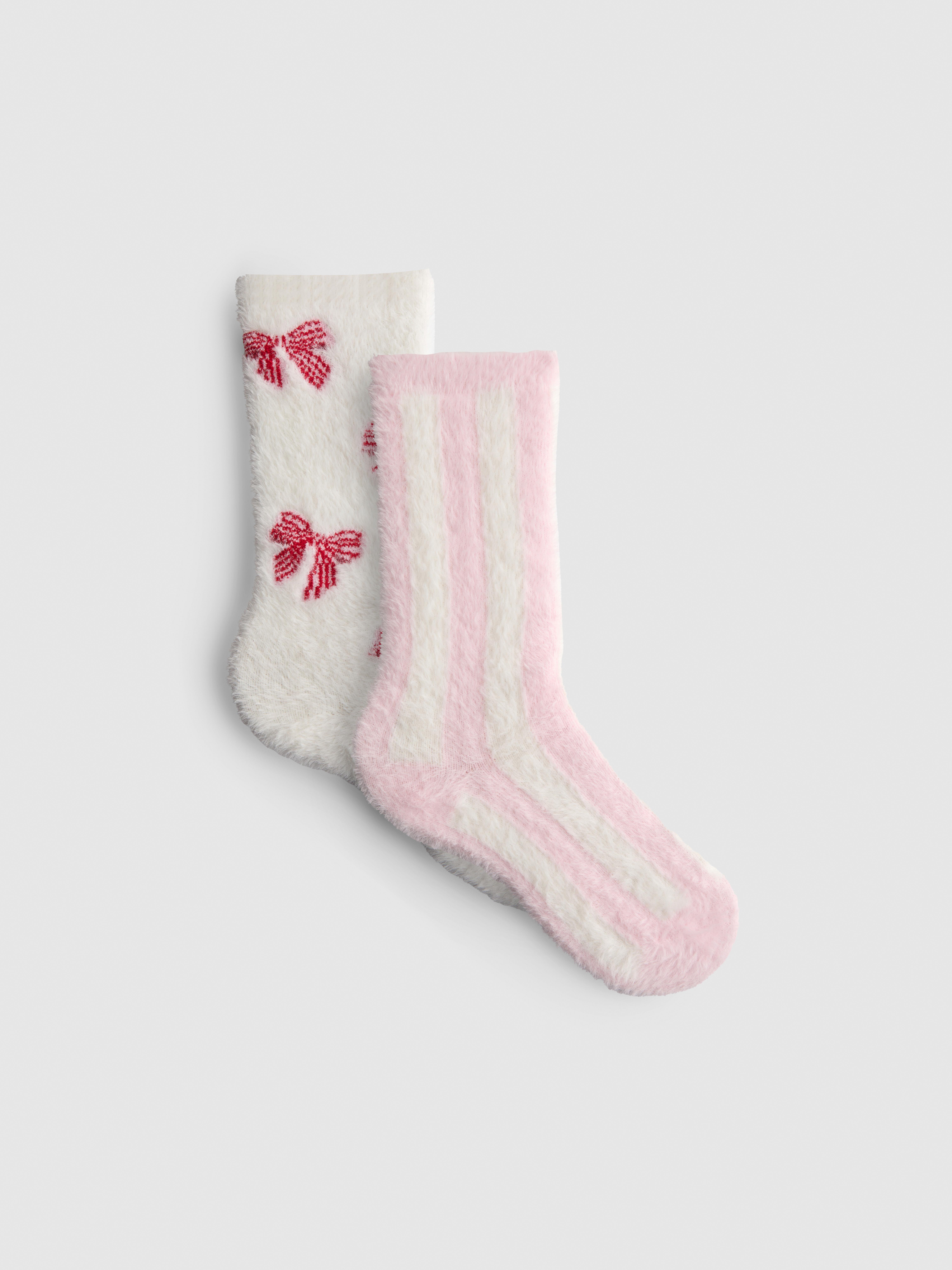 2pk Fluffy Bow Stripe Slipper Socks
