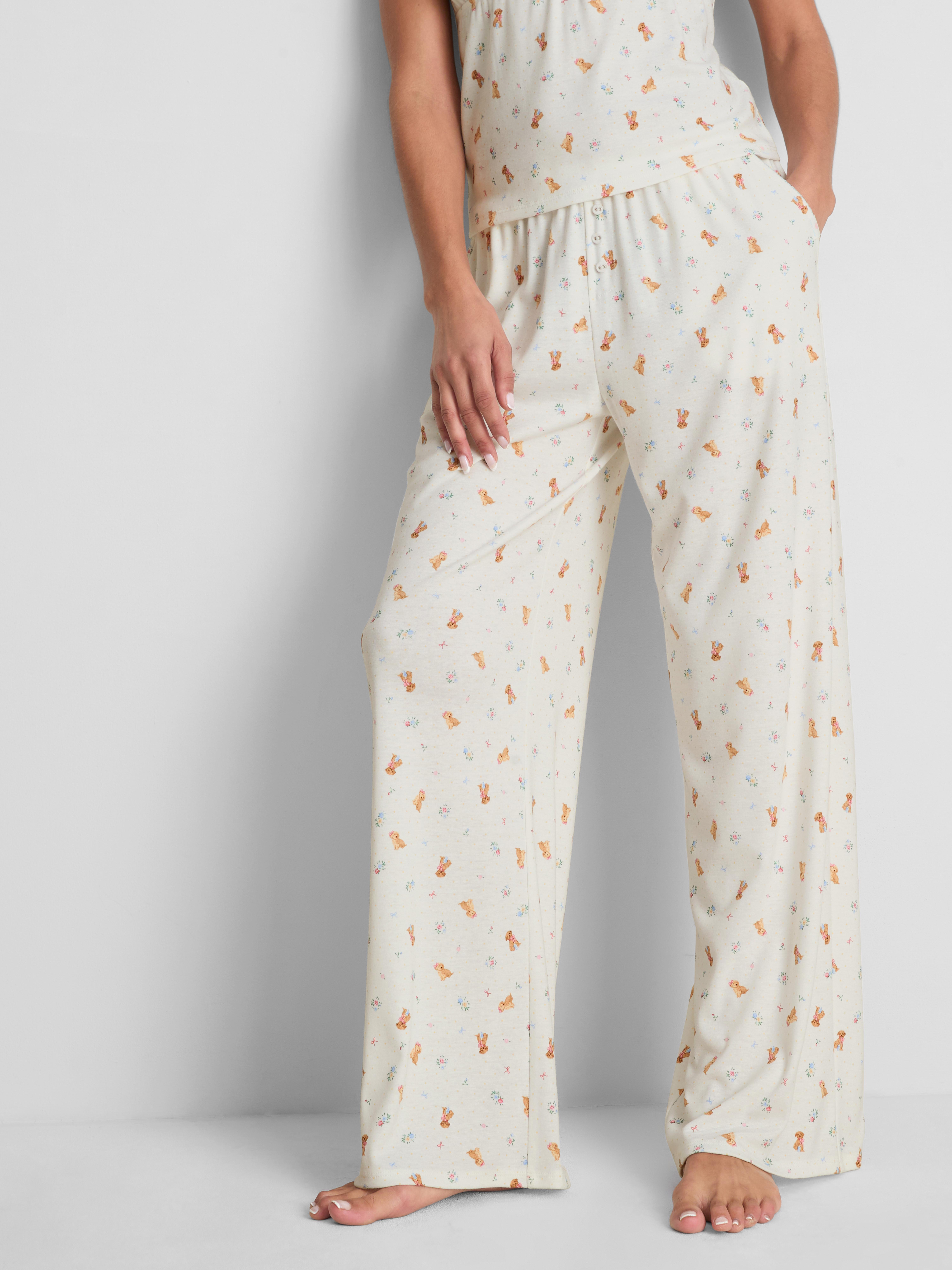 Love To Lounge Dog-Print Wide-Leg Pajama Bottoms