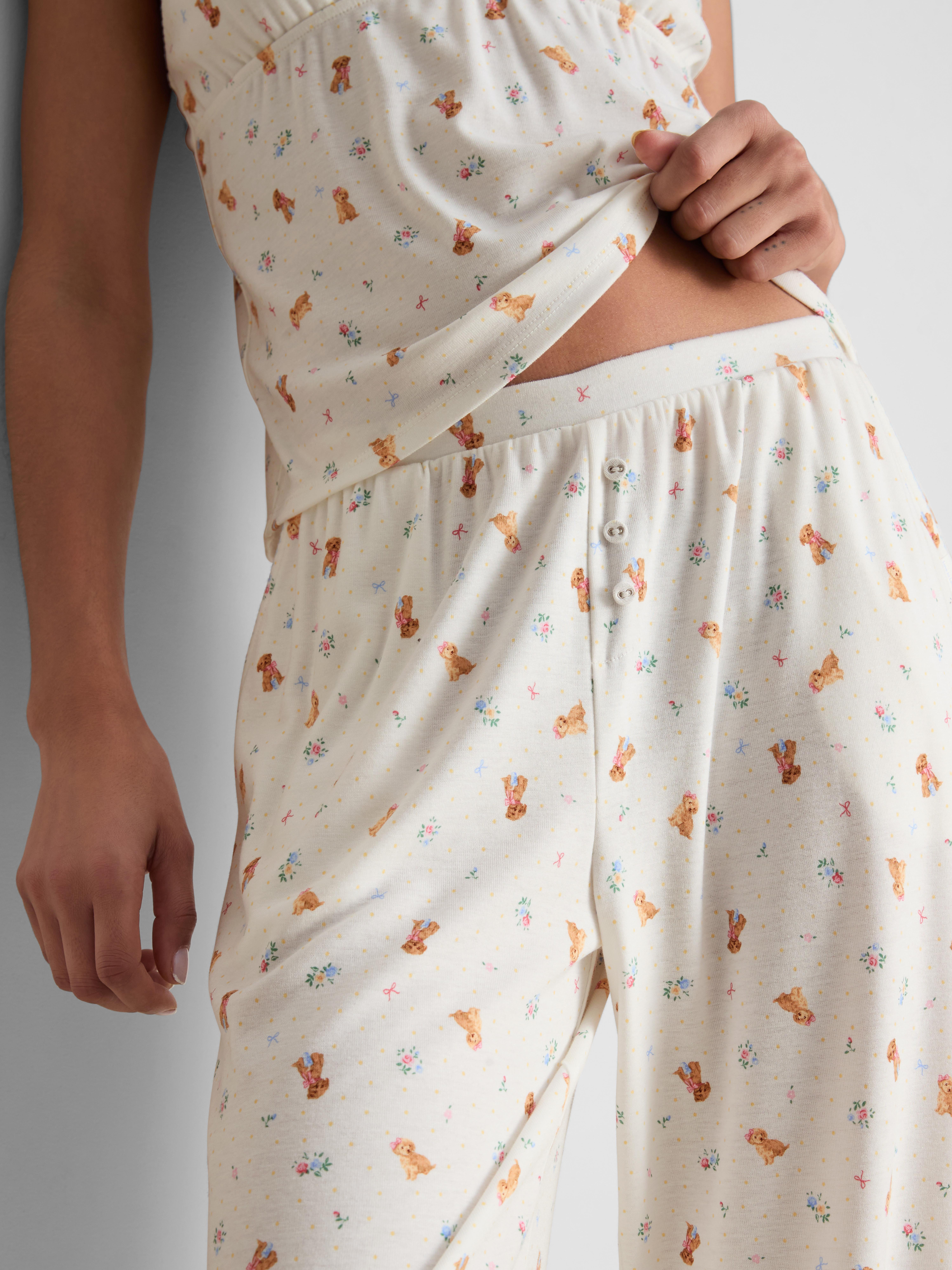 Love To Lounge Dog-Print Wide-Leg Pajama Bottoms
