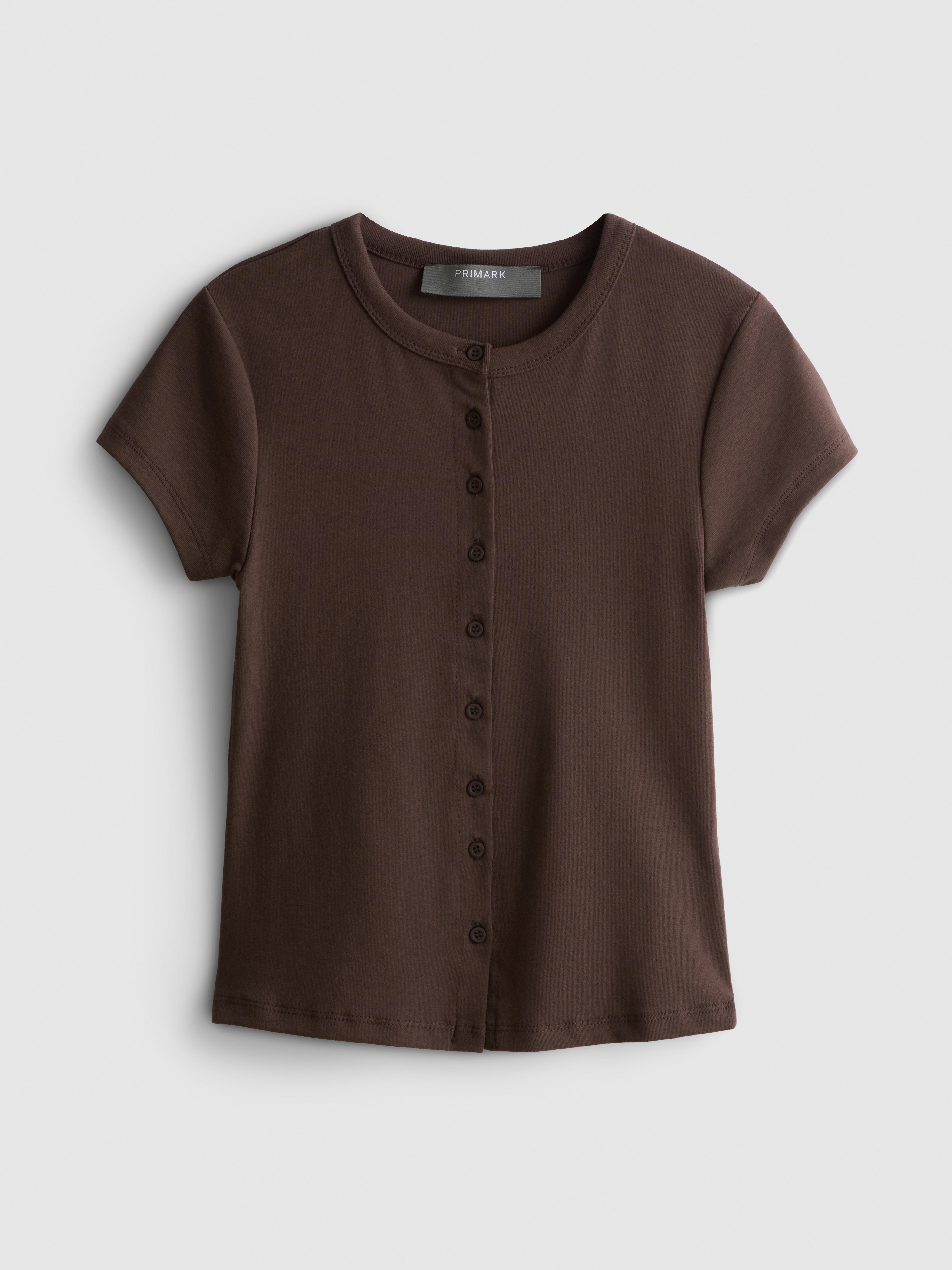 Camiseta de algodón con botones Marrón chocolate