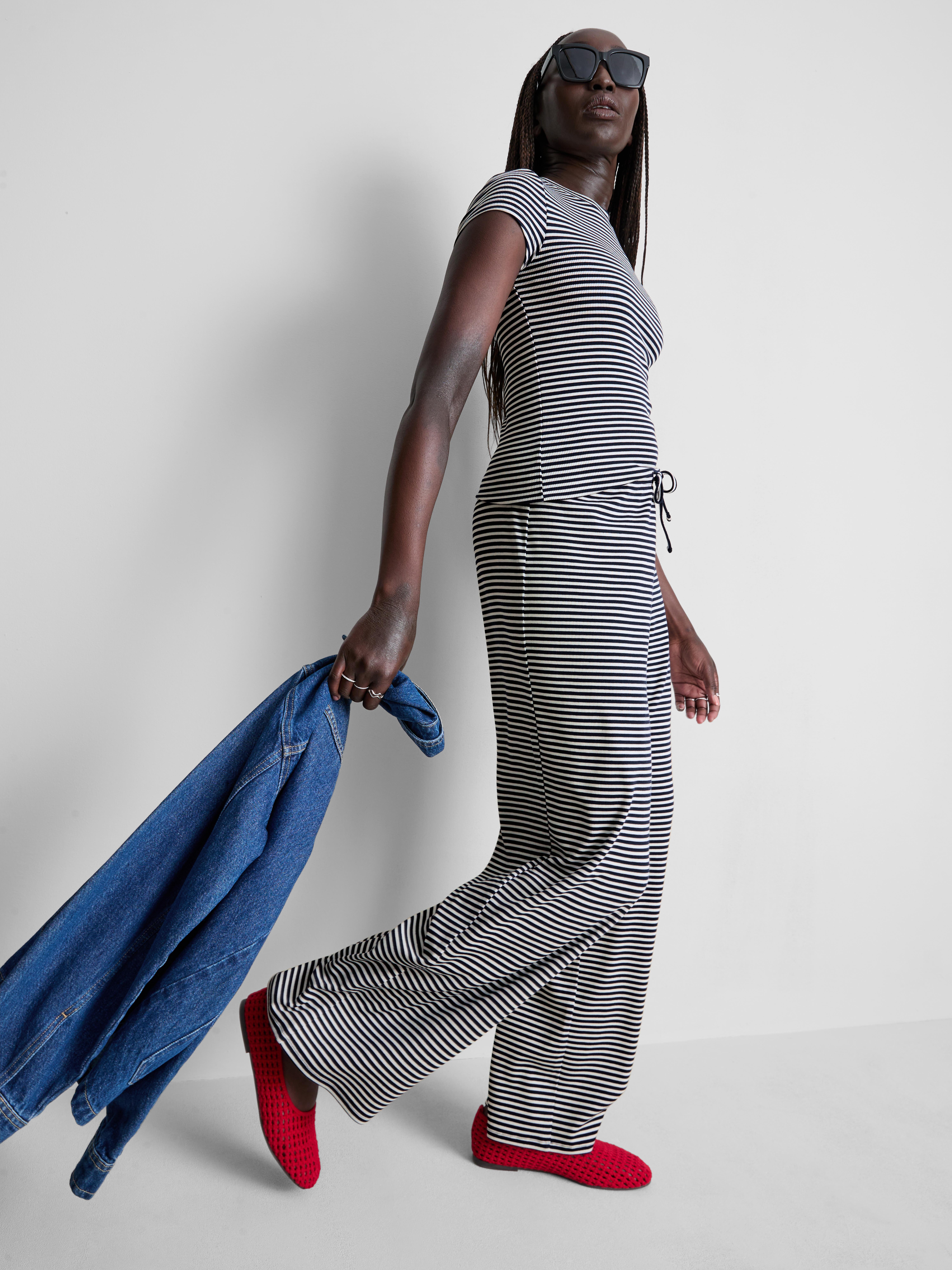 Ribbed Stripe Cap-Sleeve Tee