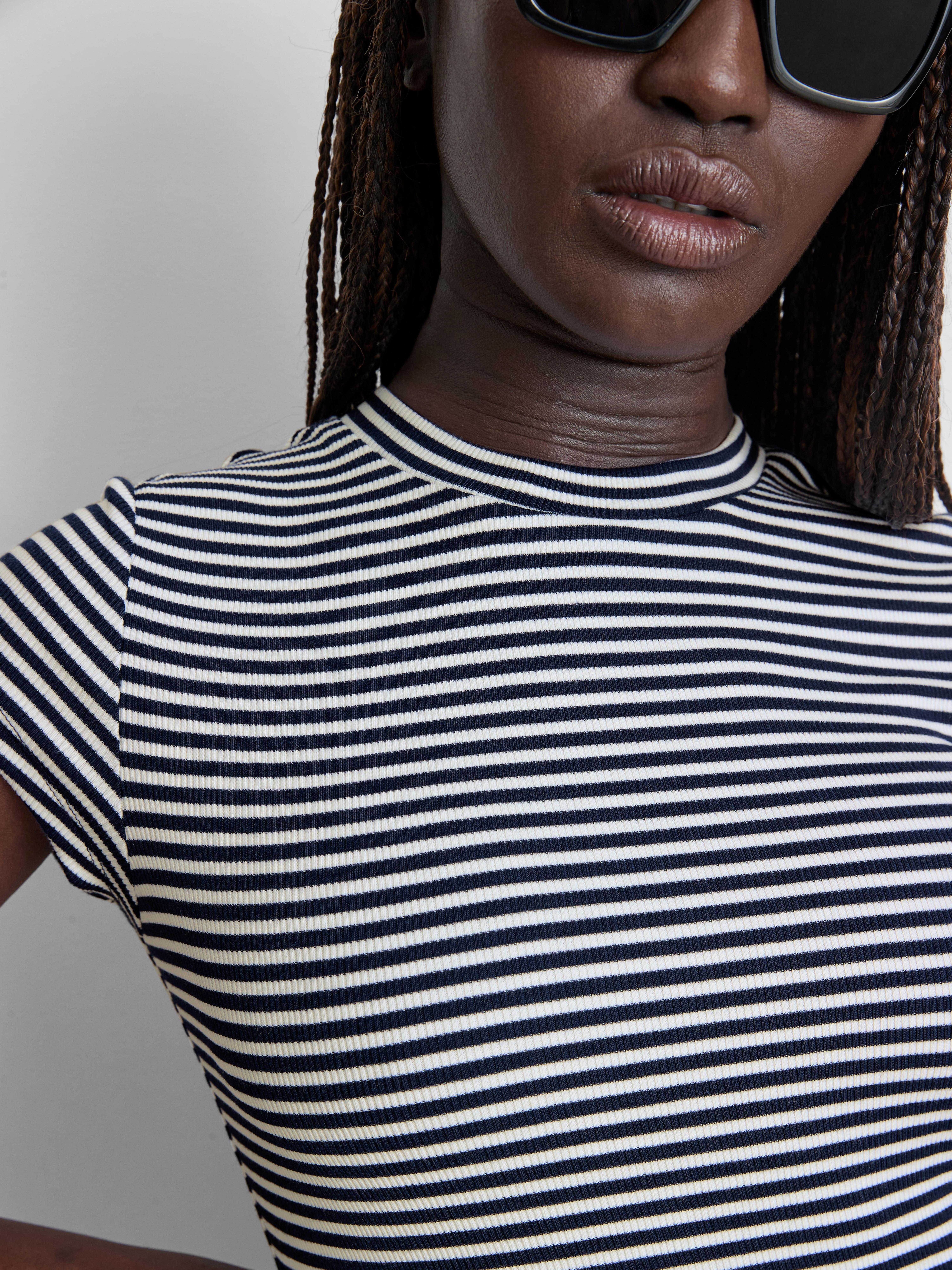 Ribbed Stripe Cap-Sleeve Tee