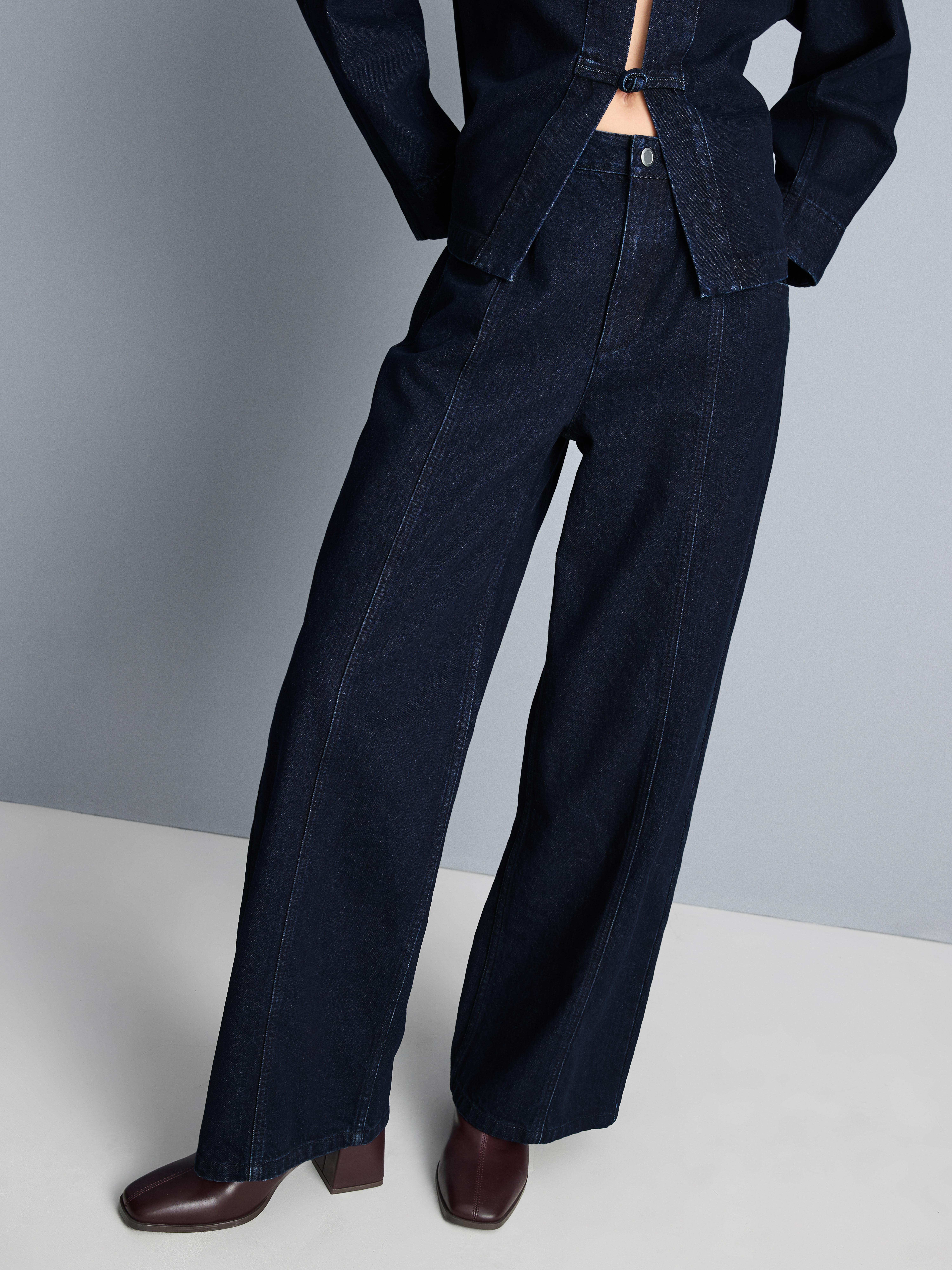 Cotton Denim Seam Detail Wide Leg Jeans