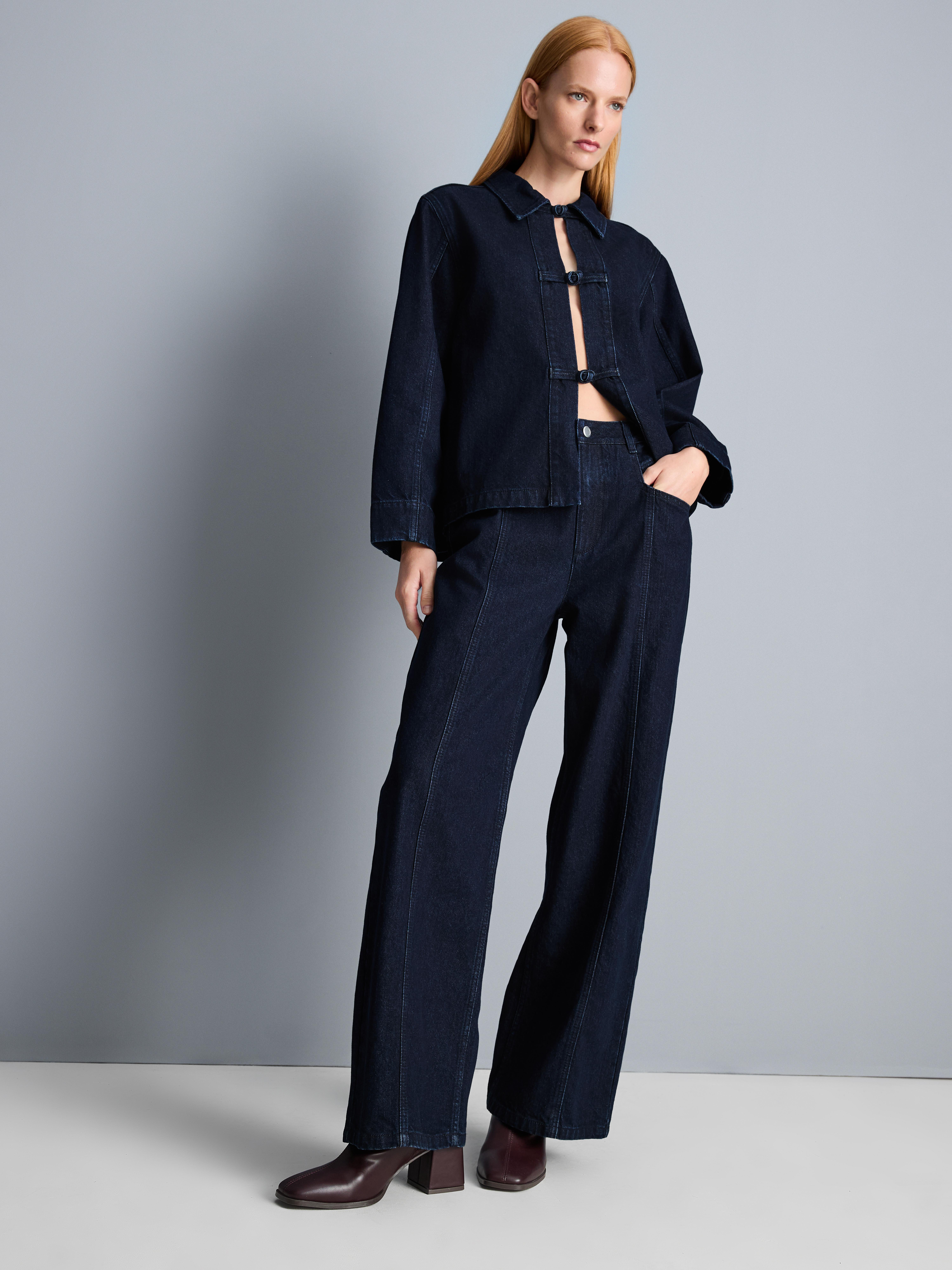 Cotton Denim Seam Detail Wide Leg Jeans