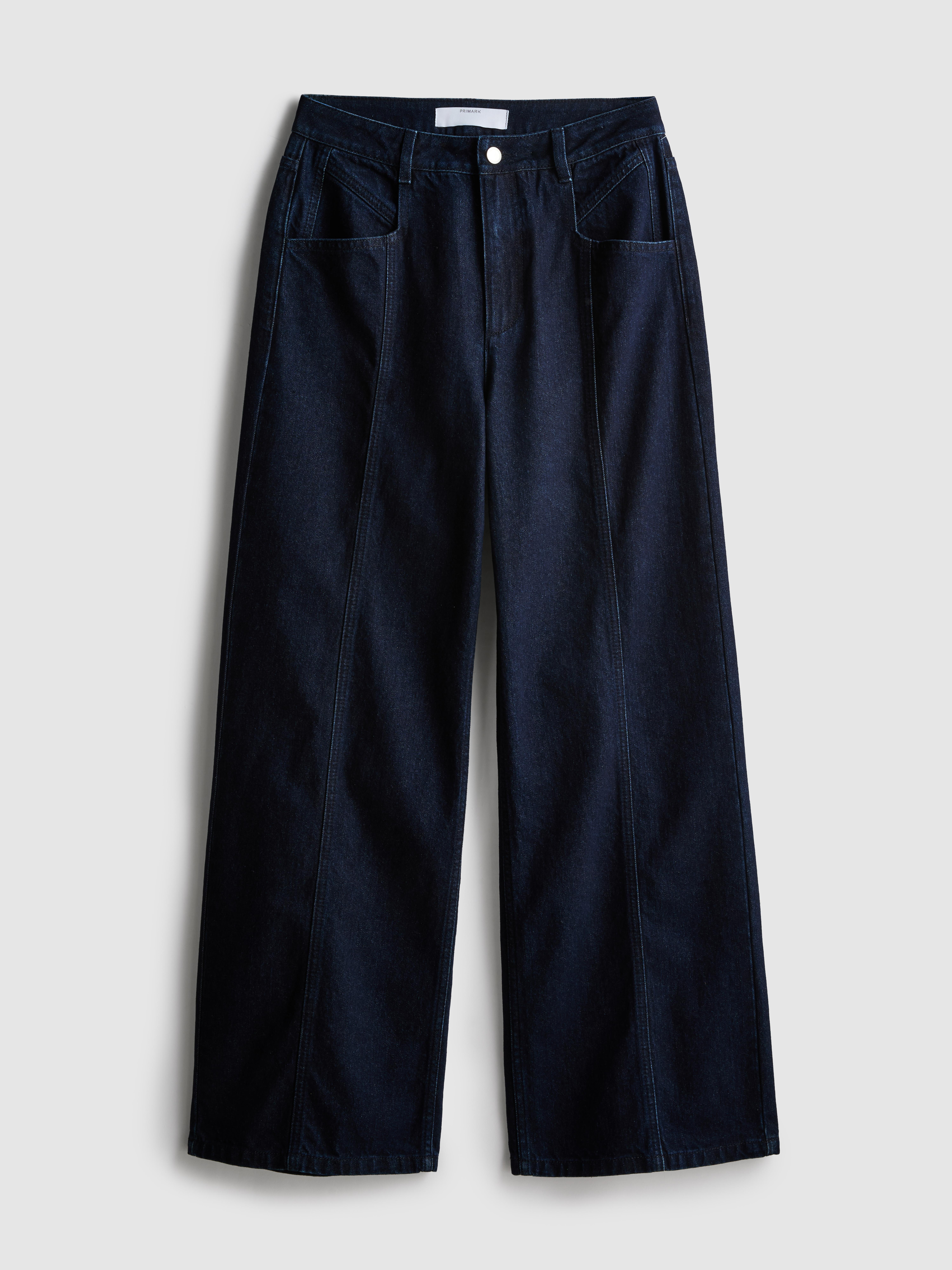 Cotton Denim Seam Detail Wide Leg Jeans