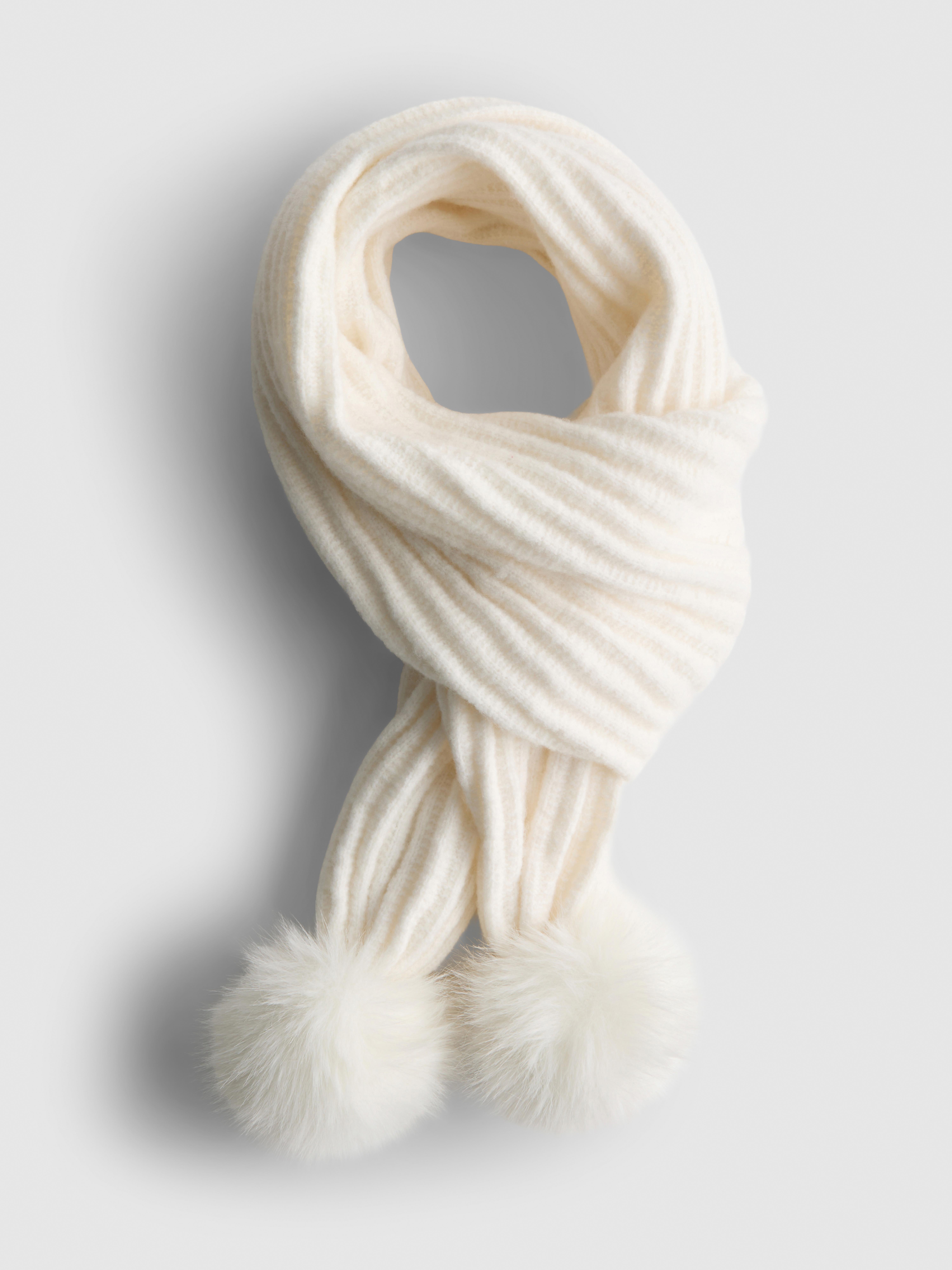 Ribbed Knit Faux Fur Pom-Pom Scarf