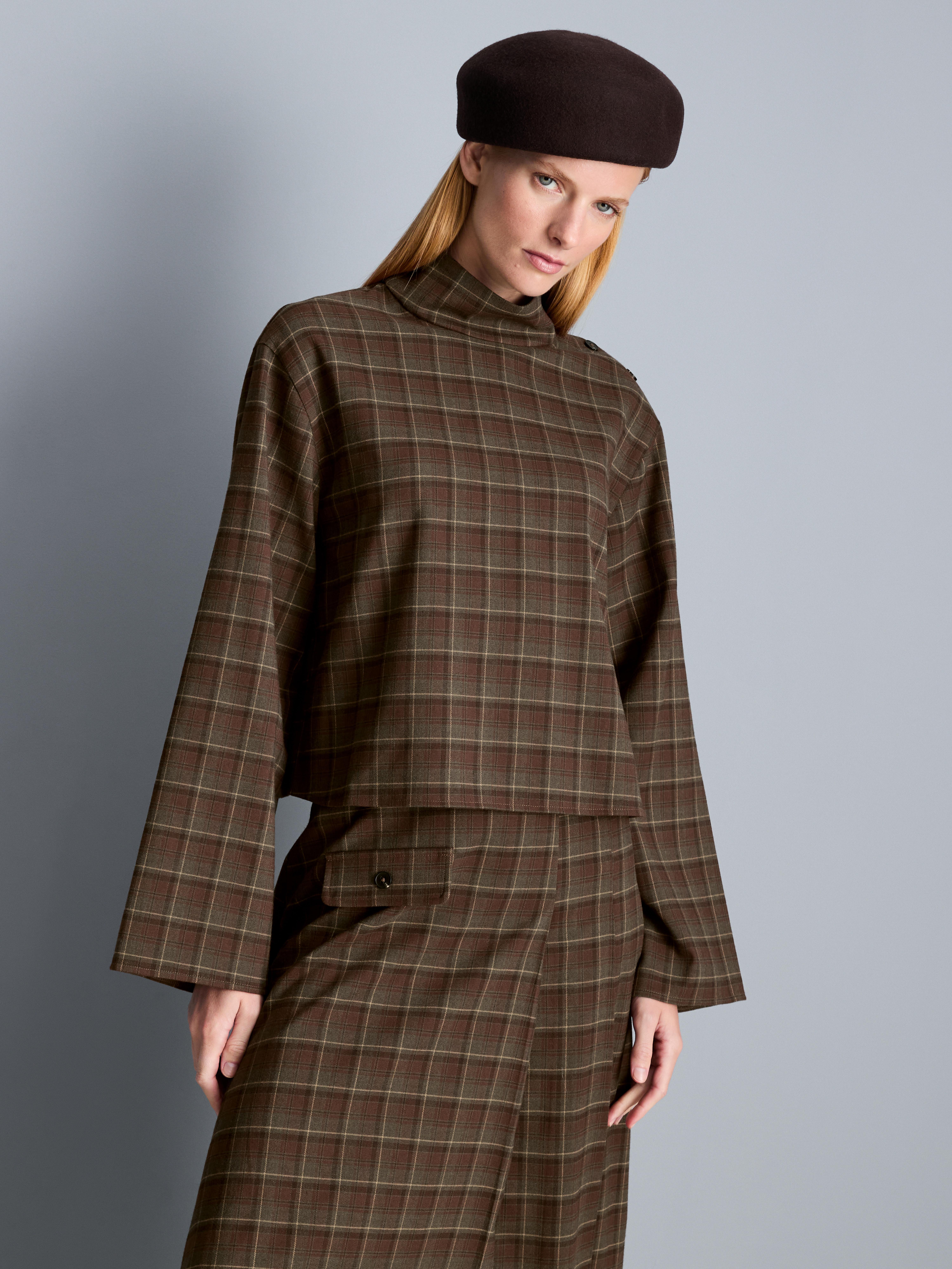 Boxy Funnel Neck Check Shirt