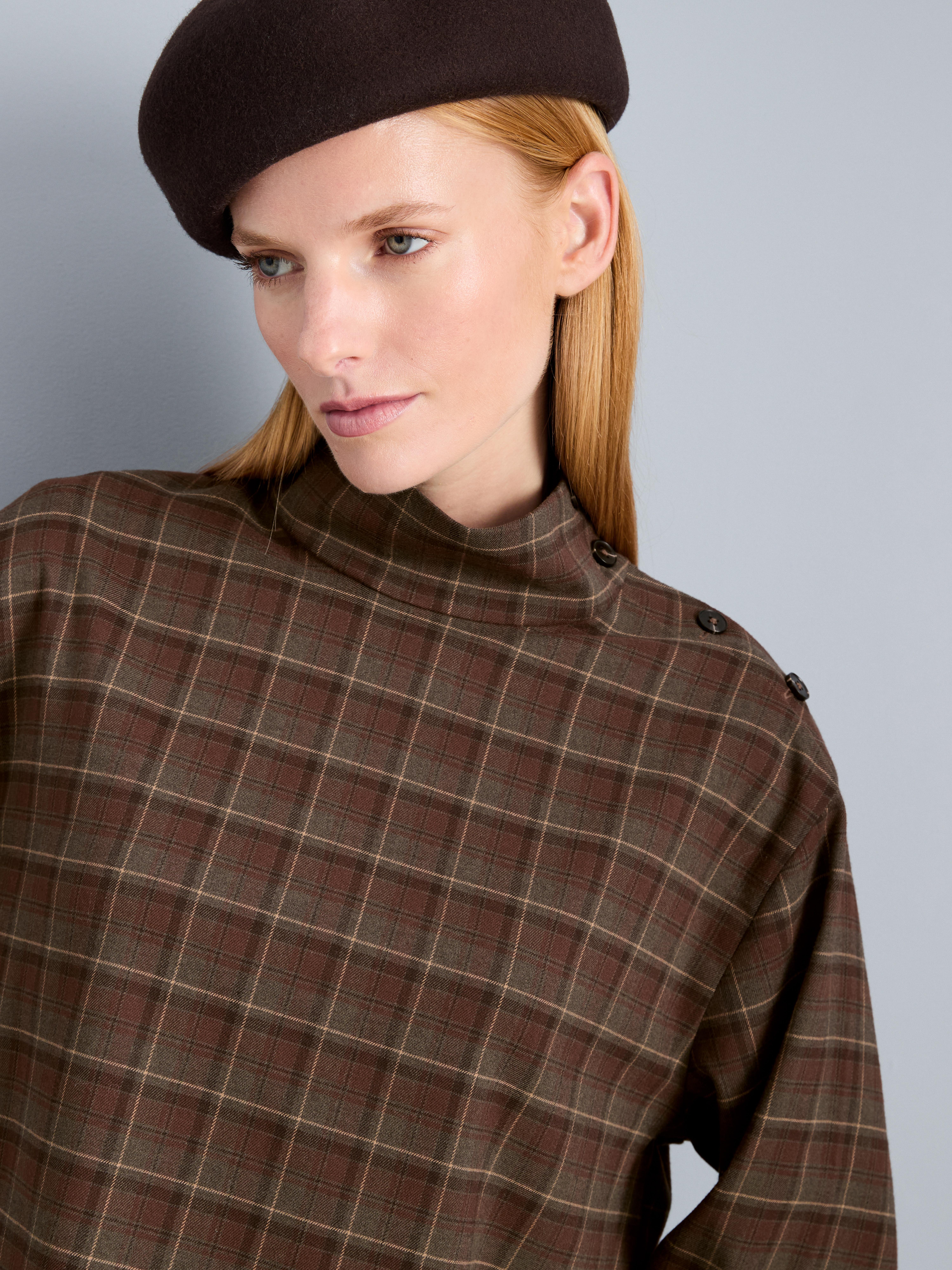 Boxy Funnel Neck Check Shirt