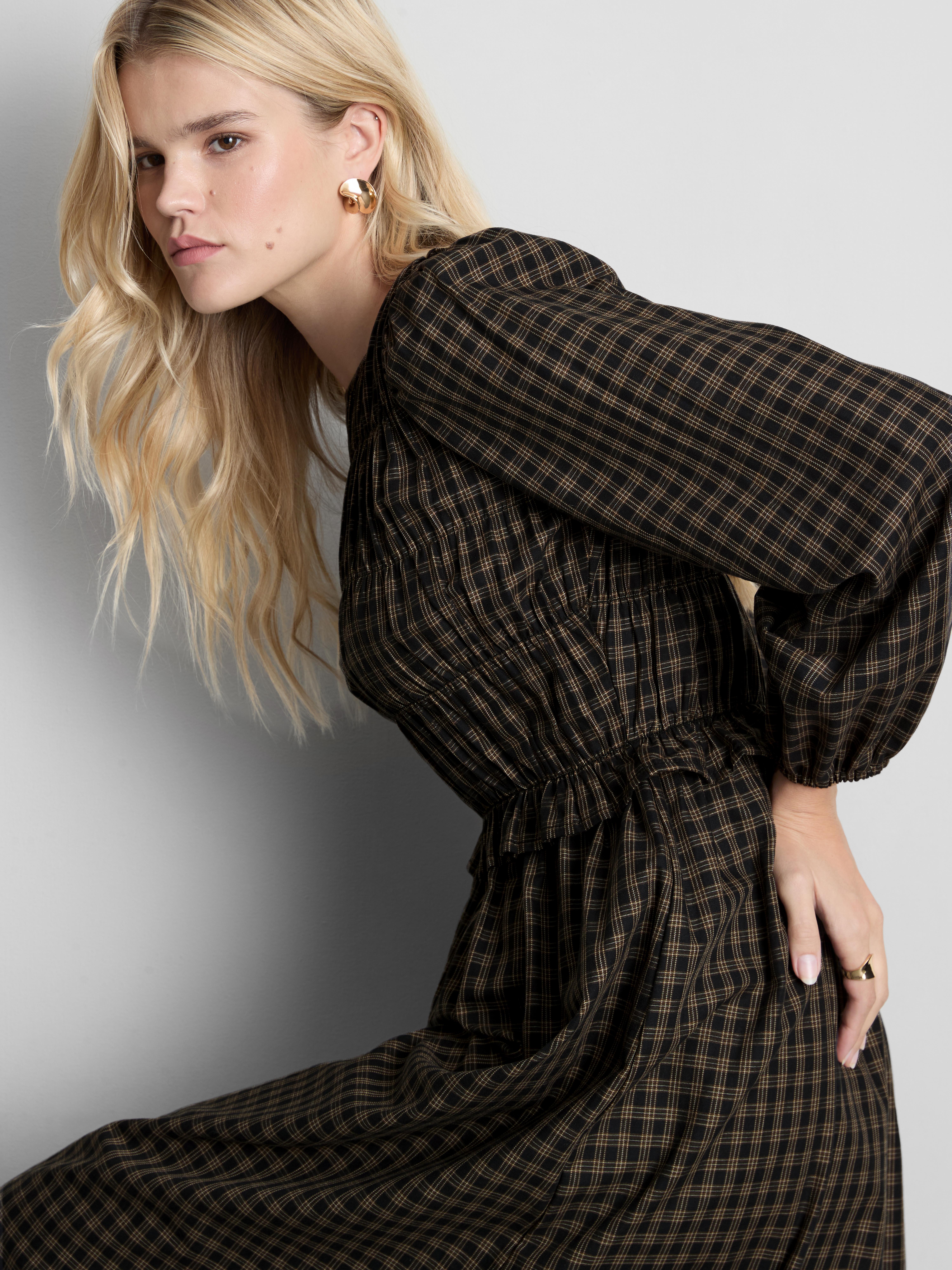 Pure Cotton Shirred Plaid Midi Dress