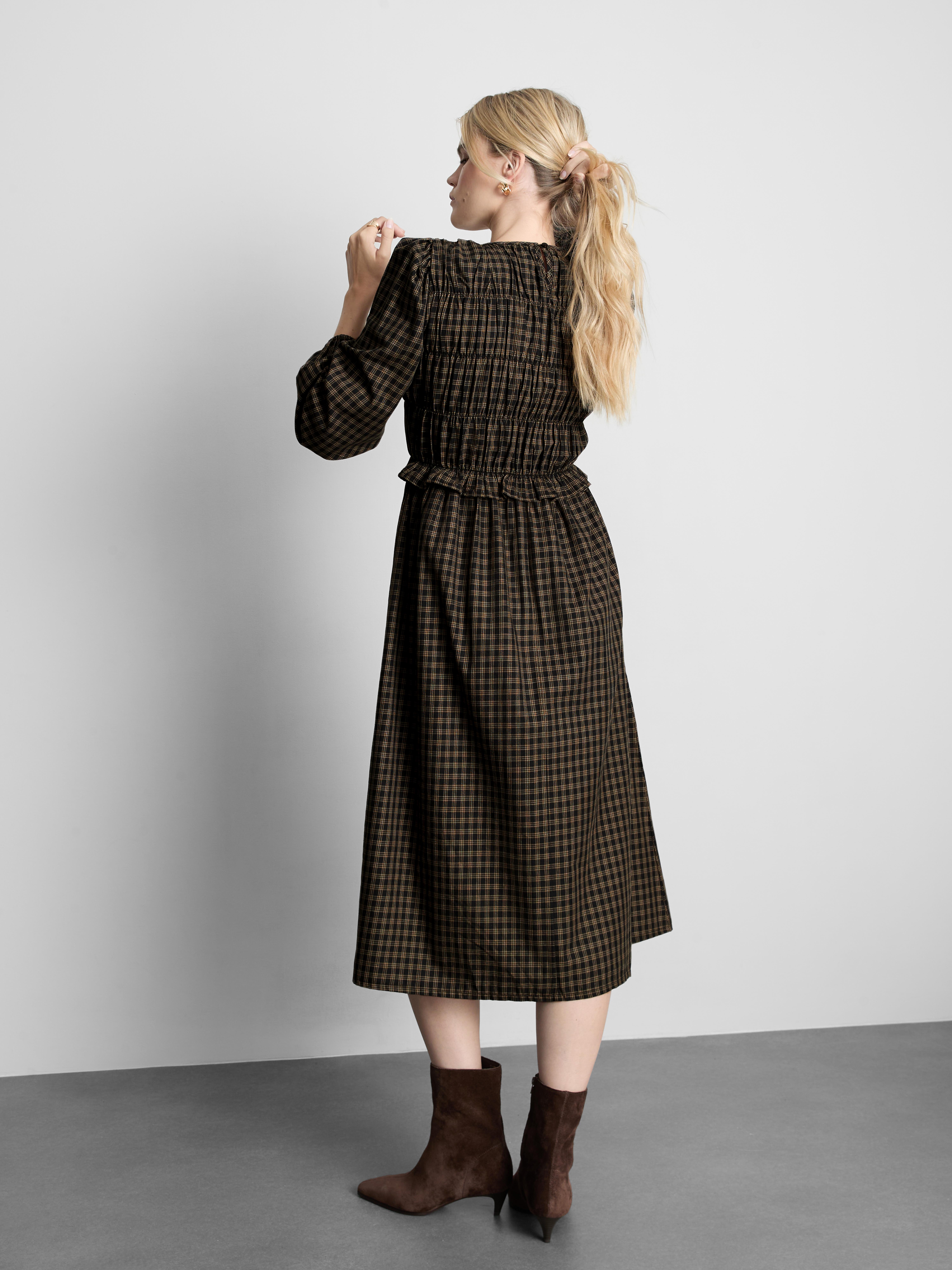 Pure Cotton Shirred Plaid Midi Dress