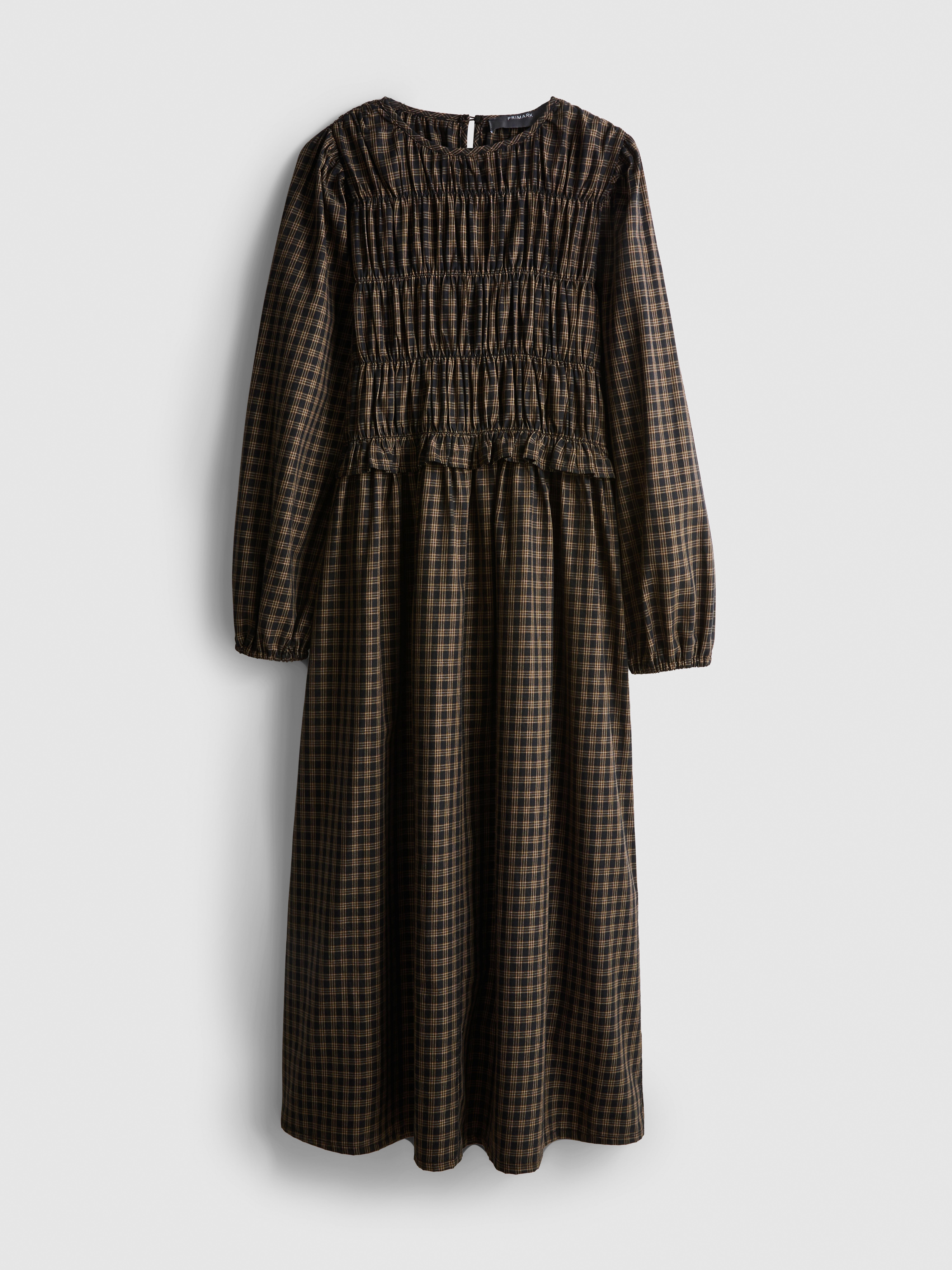Pure Cotton Shirred Plaid Midi Dress