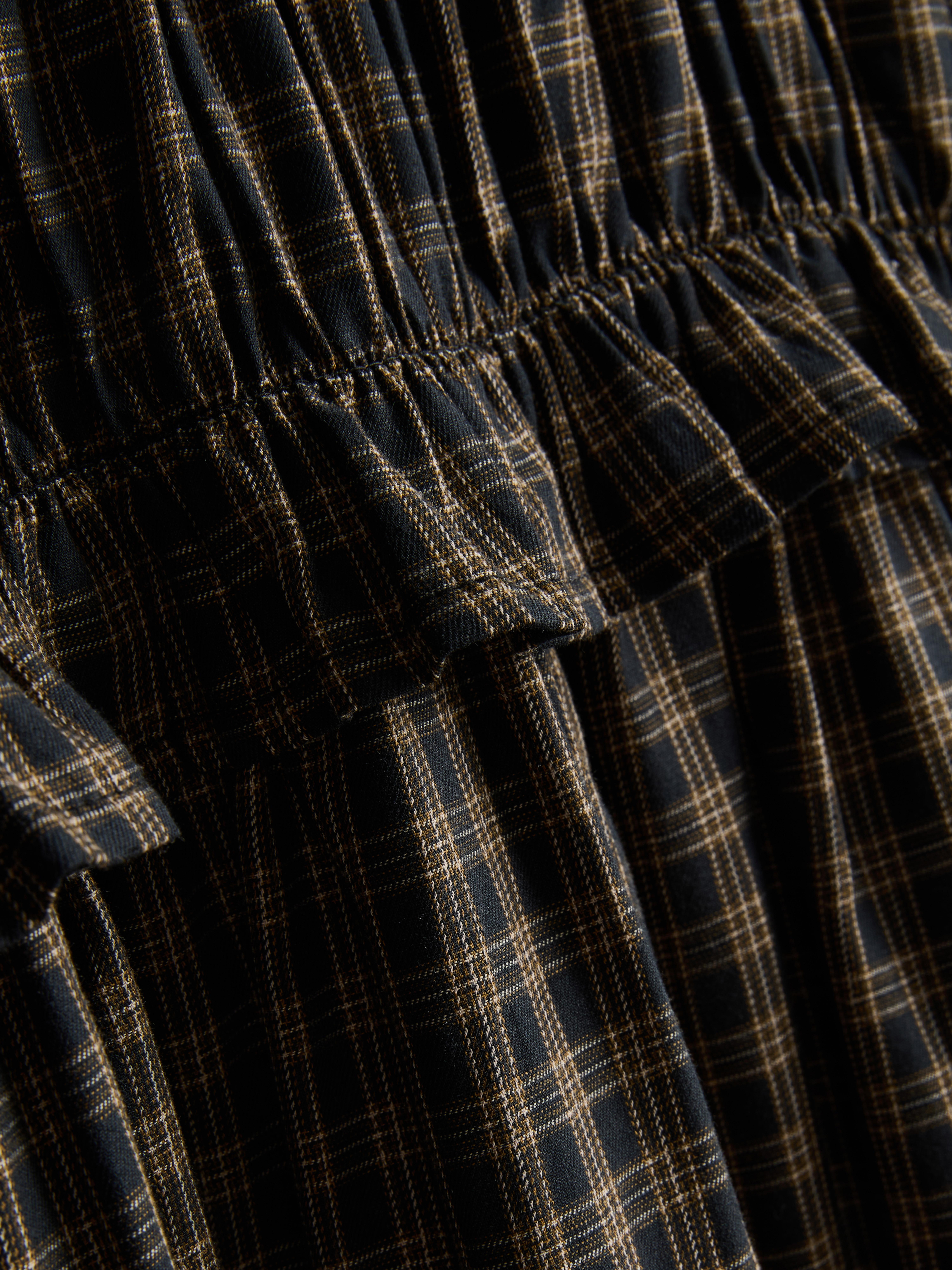 Pure Cotton Shirred Plaid Midi Dress