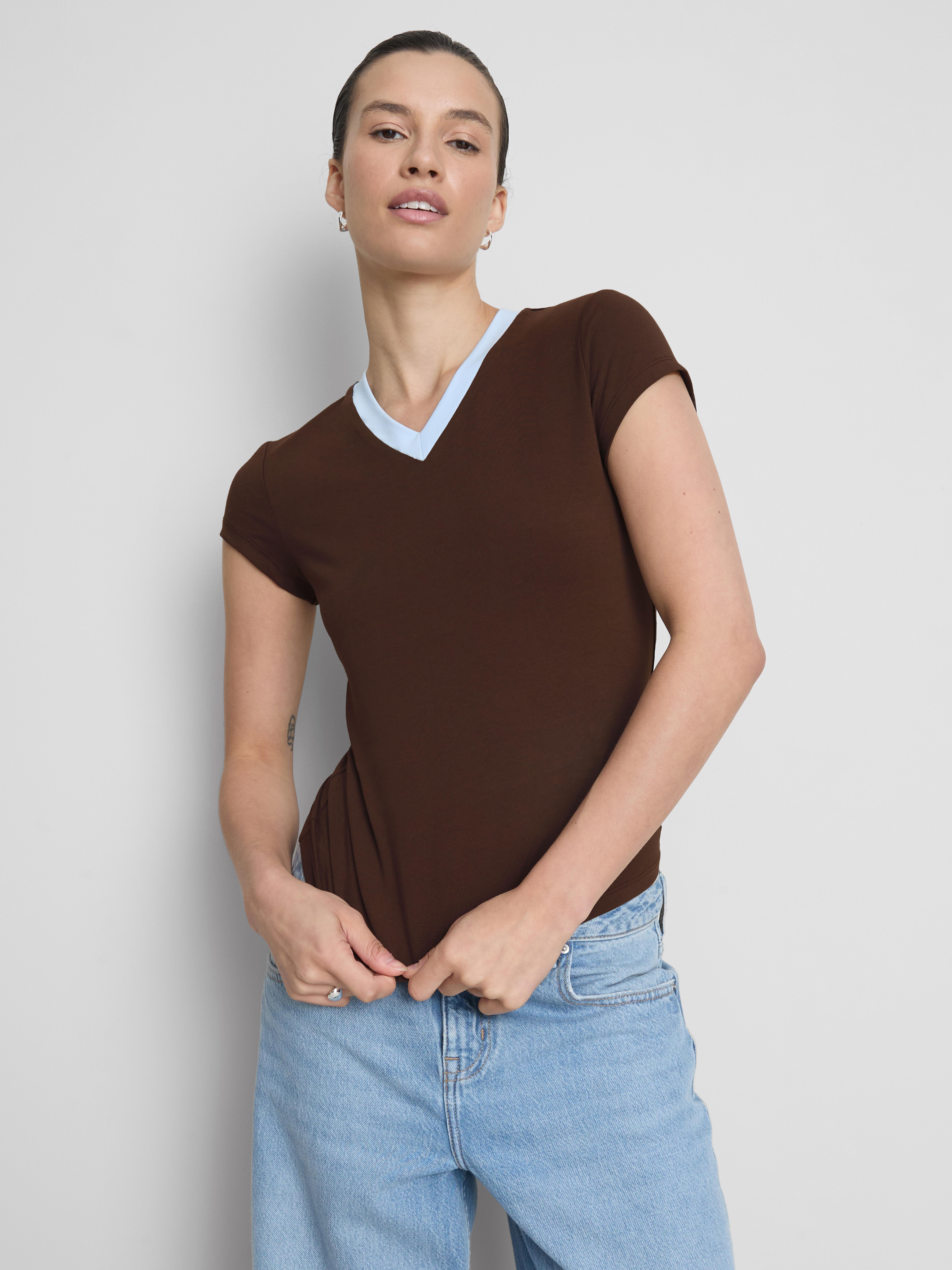 Cotton Rich Contrast V-Neck Tee