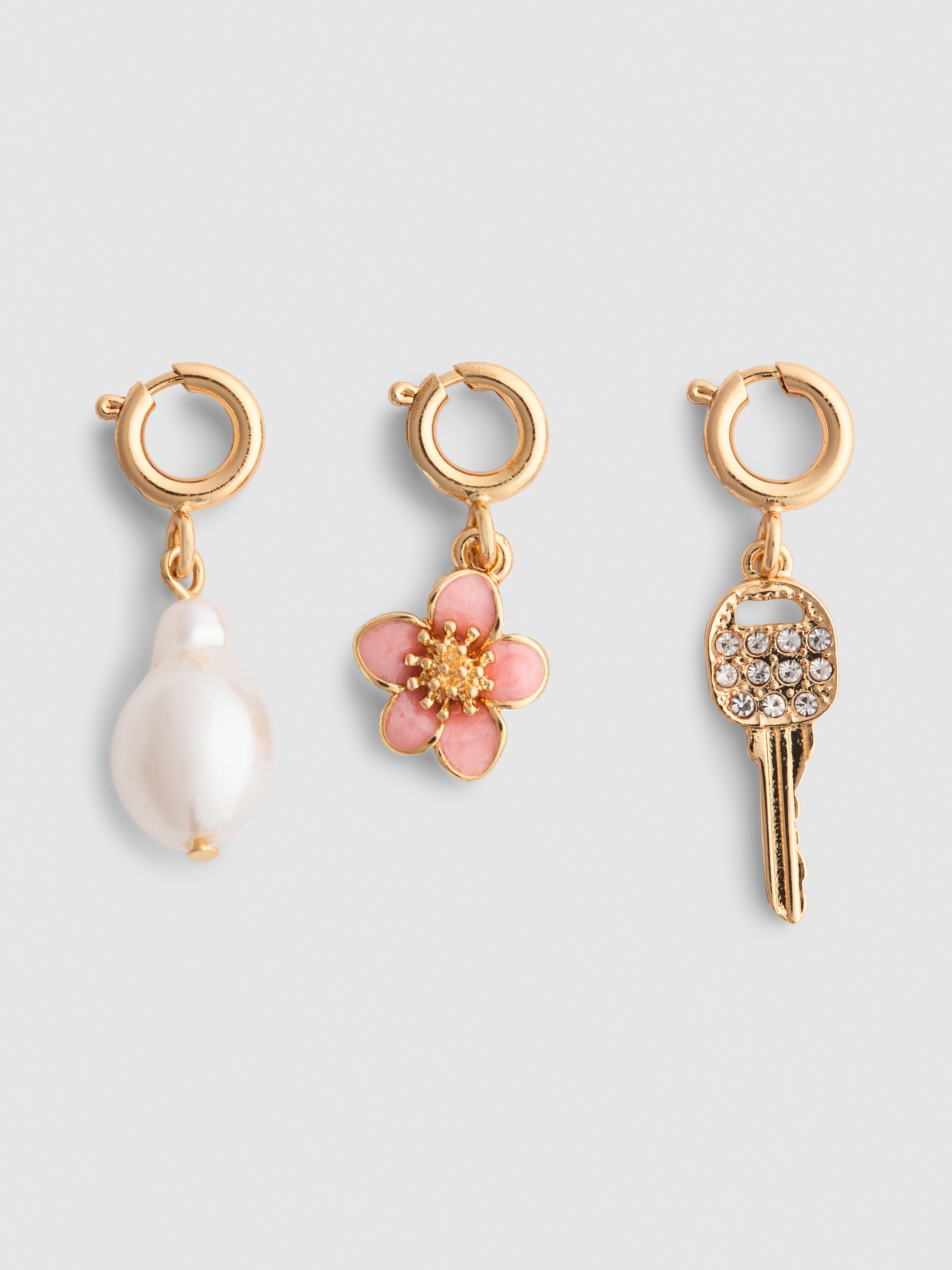 3pk Pearl Flower and Key Clip-On Charms
