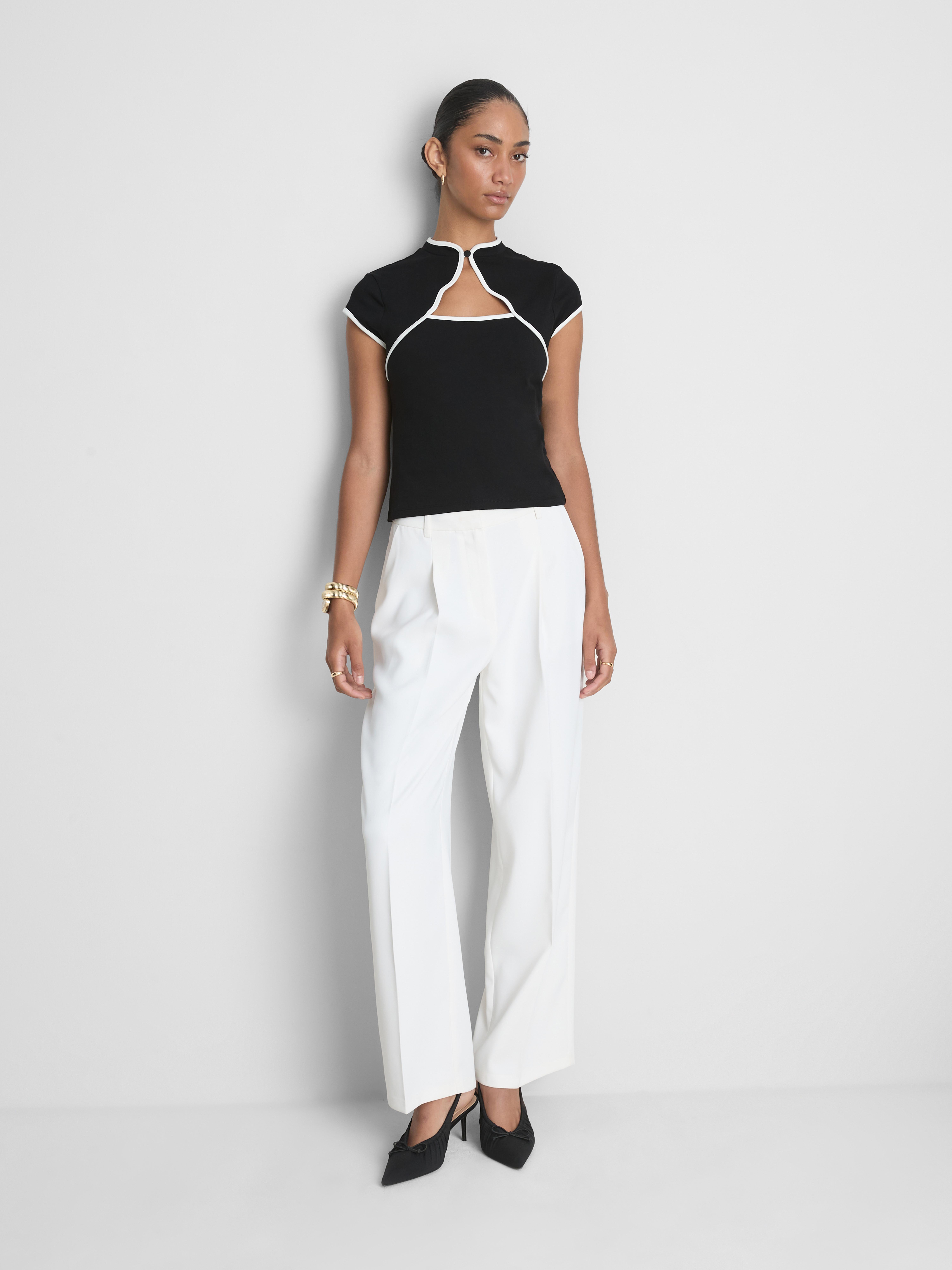 Mandarin Collar Contrast Trim Top