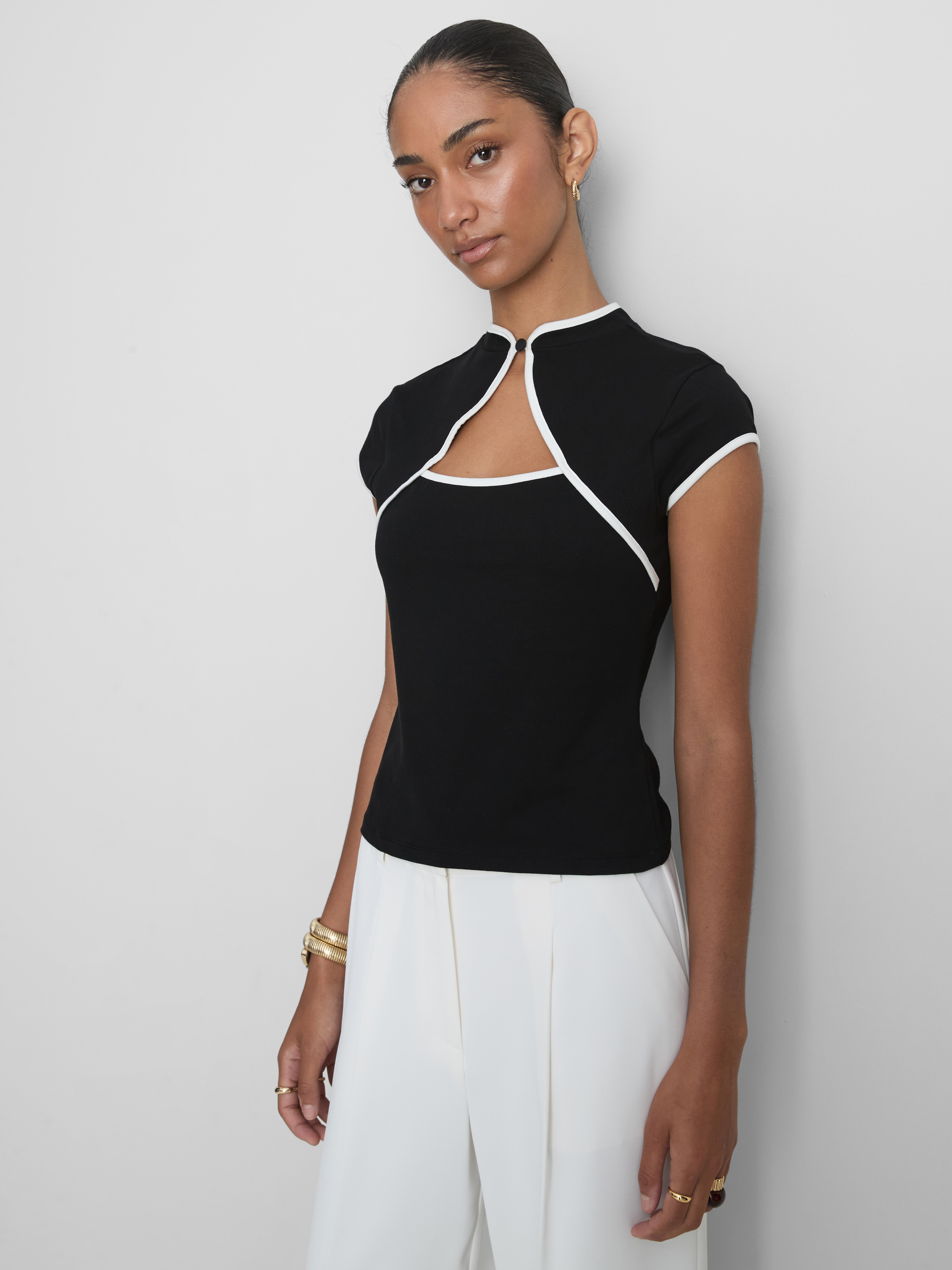 Mandarin Collar Contrast Trim Top