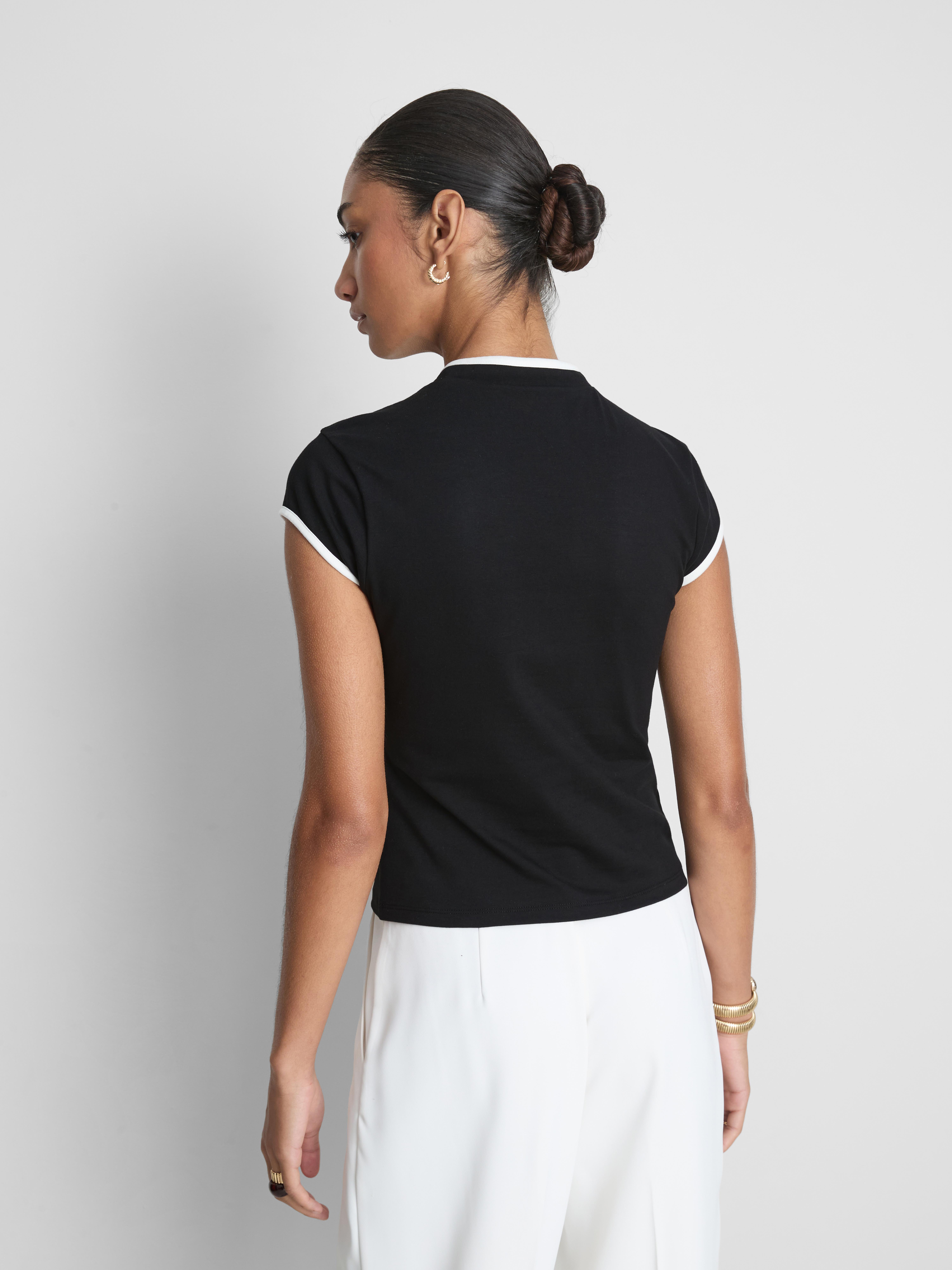 Mandarin Collar Contrast Trim Top