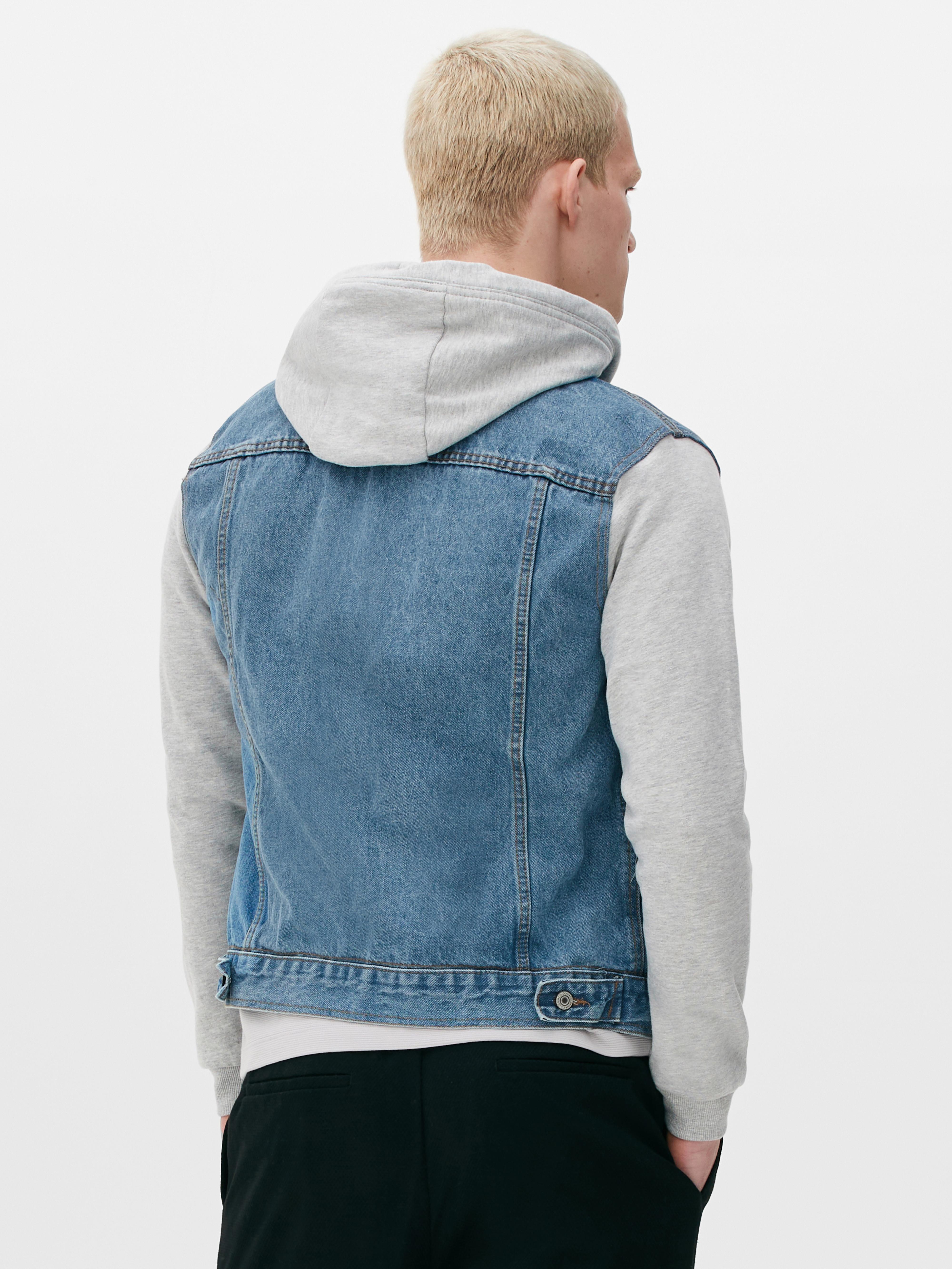 Hollister Hooded Denim Jacket With Gray Sweat Sleeves And Hood In