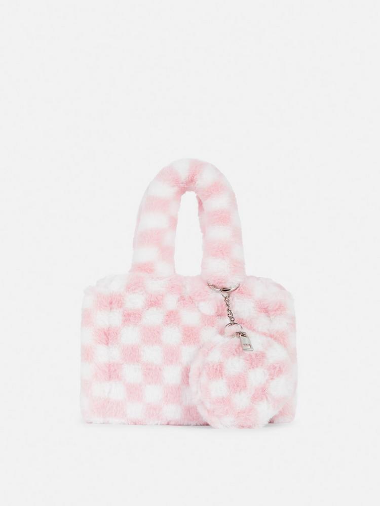Faux Fur Checkerboard Tote Bag