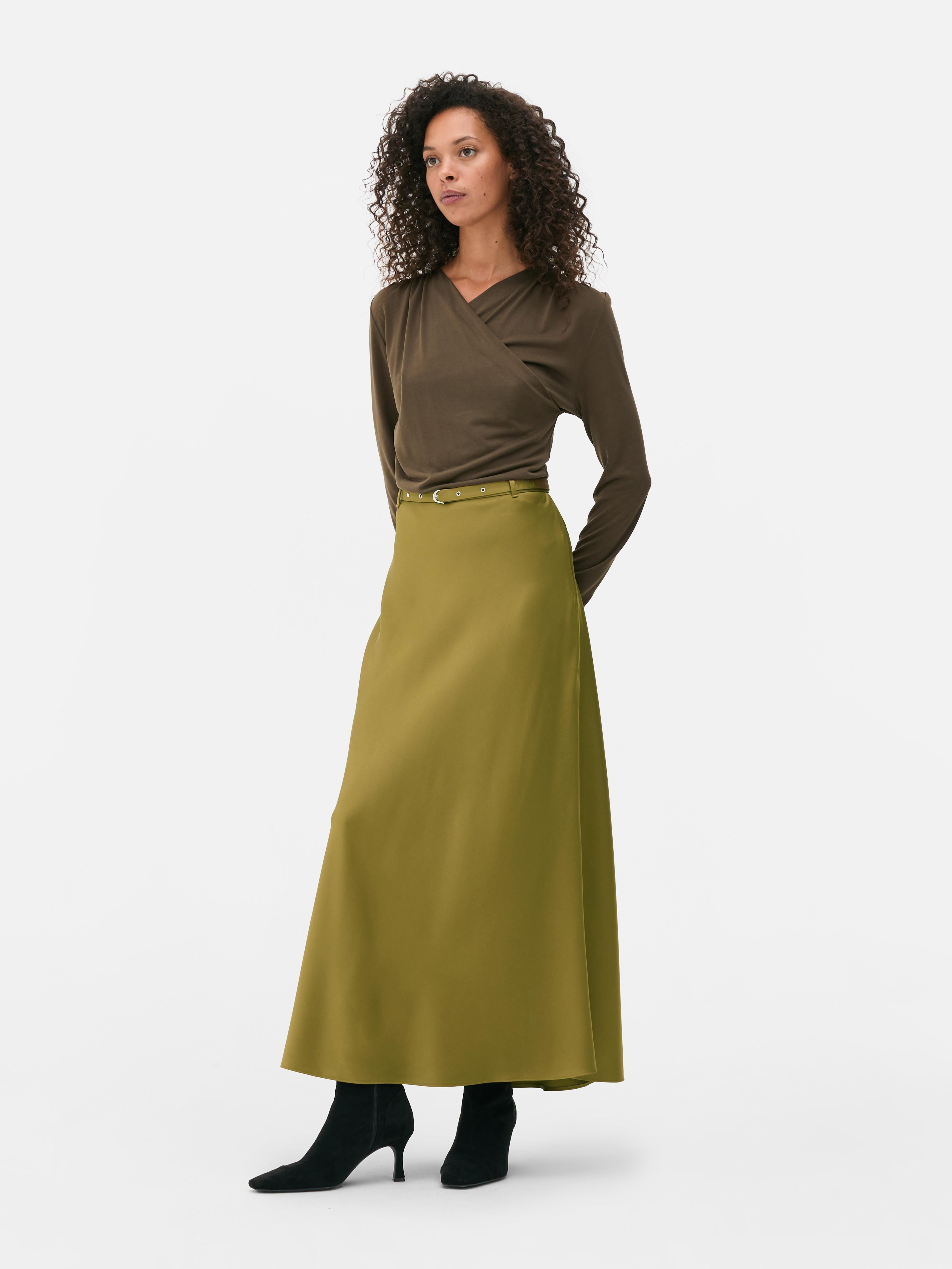 The Edit Belted Satin Midi Skirt
