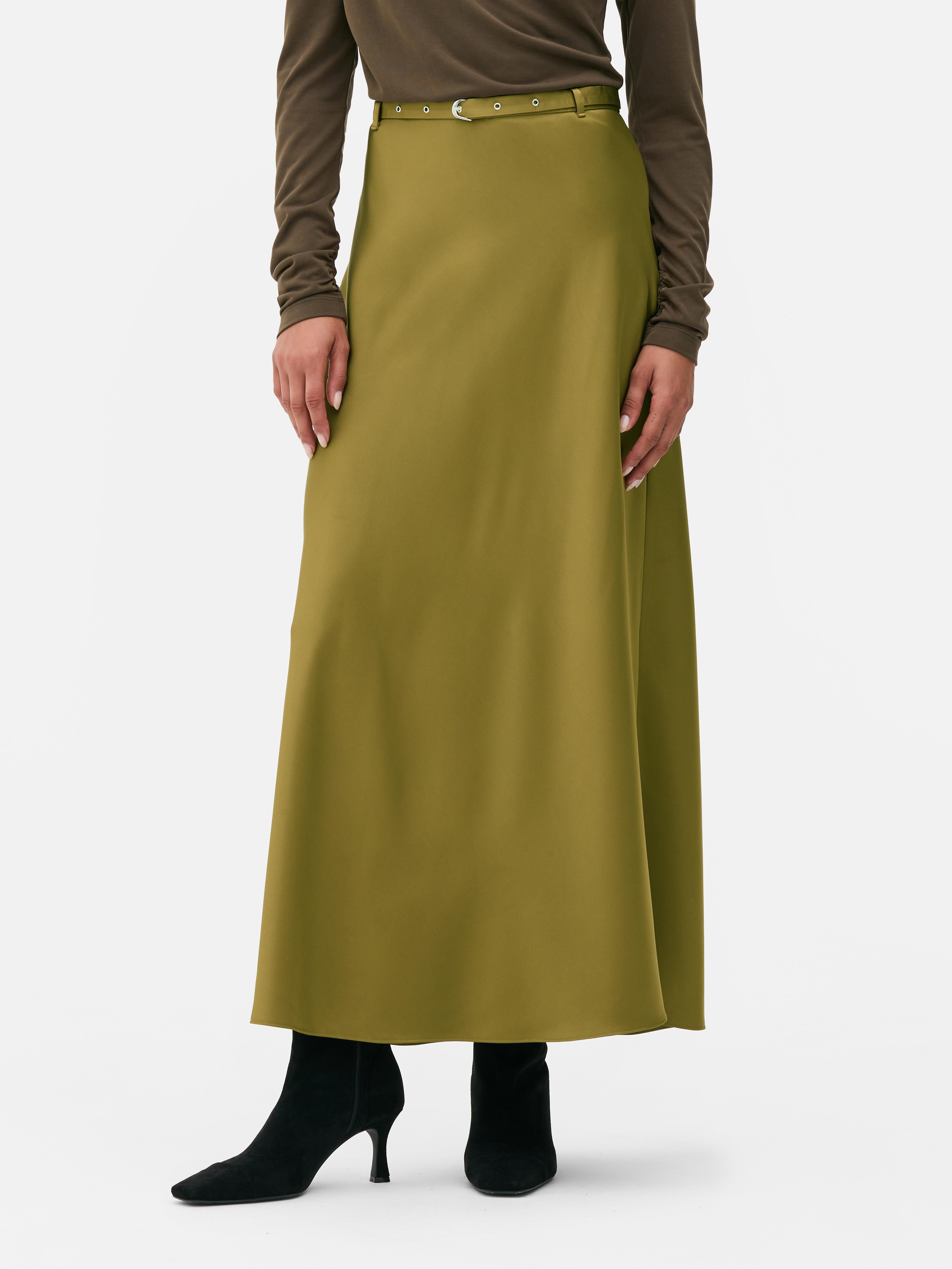 The Edit Belted Satin Midi Skirt