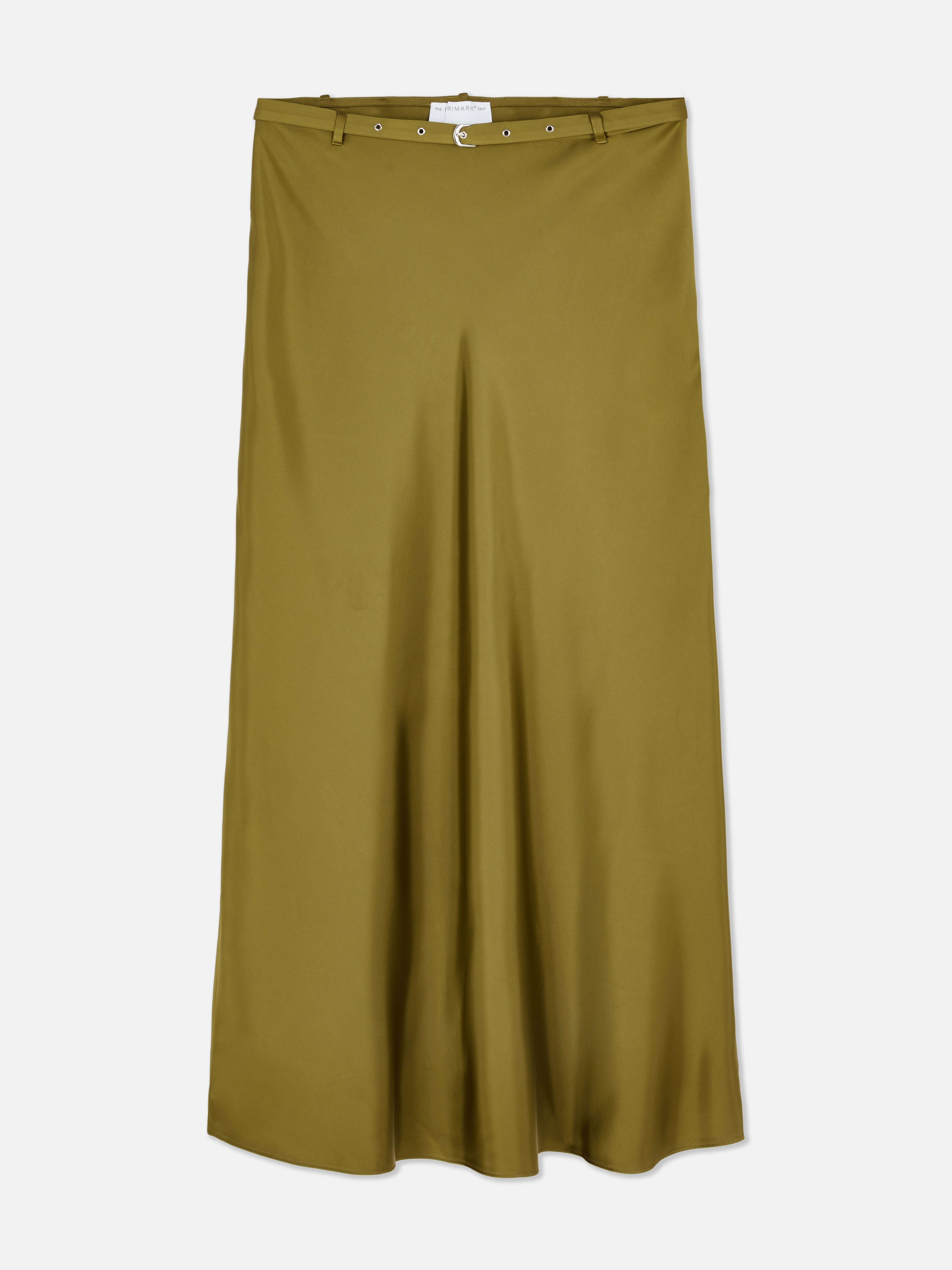 The Edit Belted Satin Midi Skirt