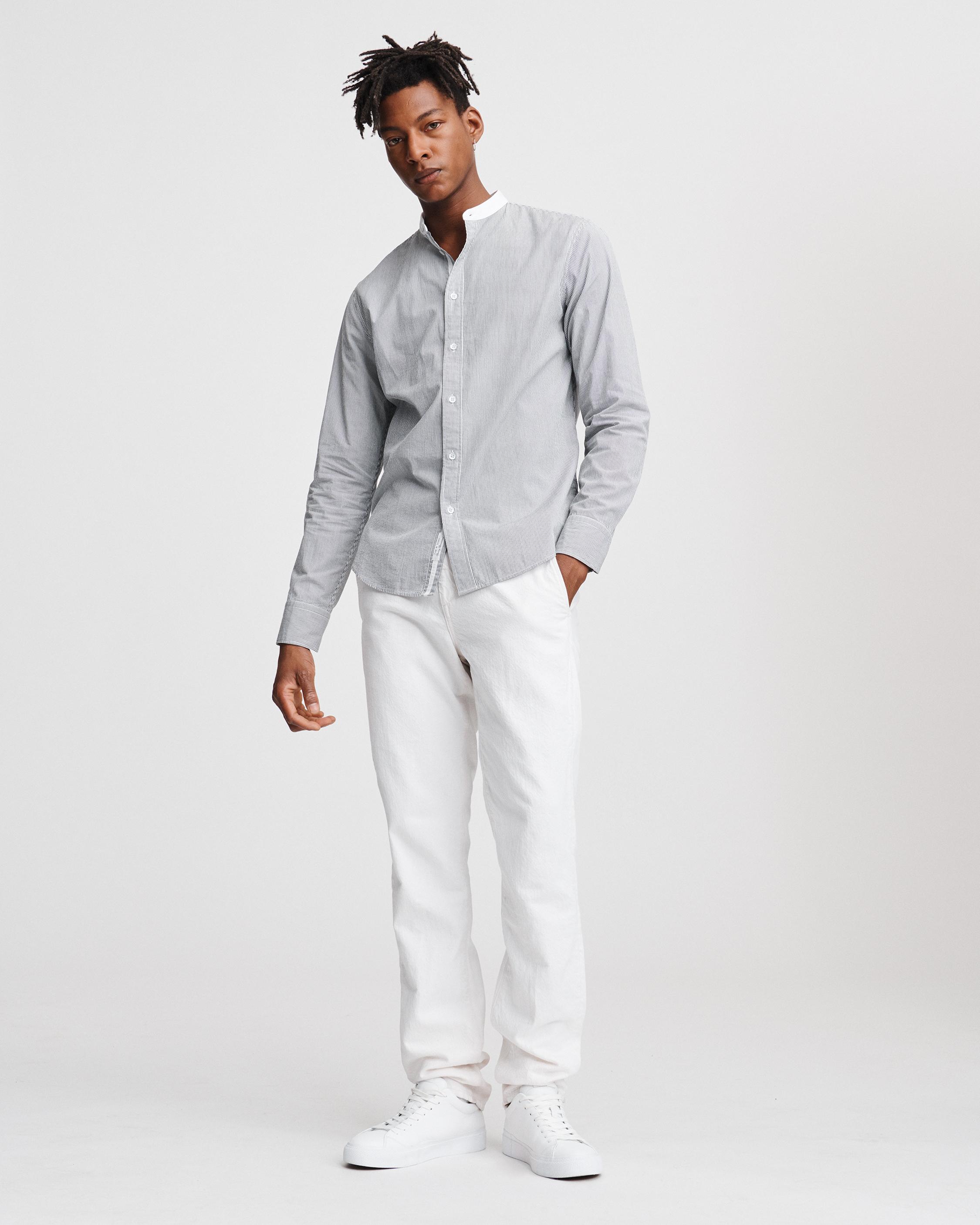 Men's white linen/cotton blend grandad collar shirt