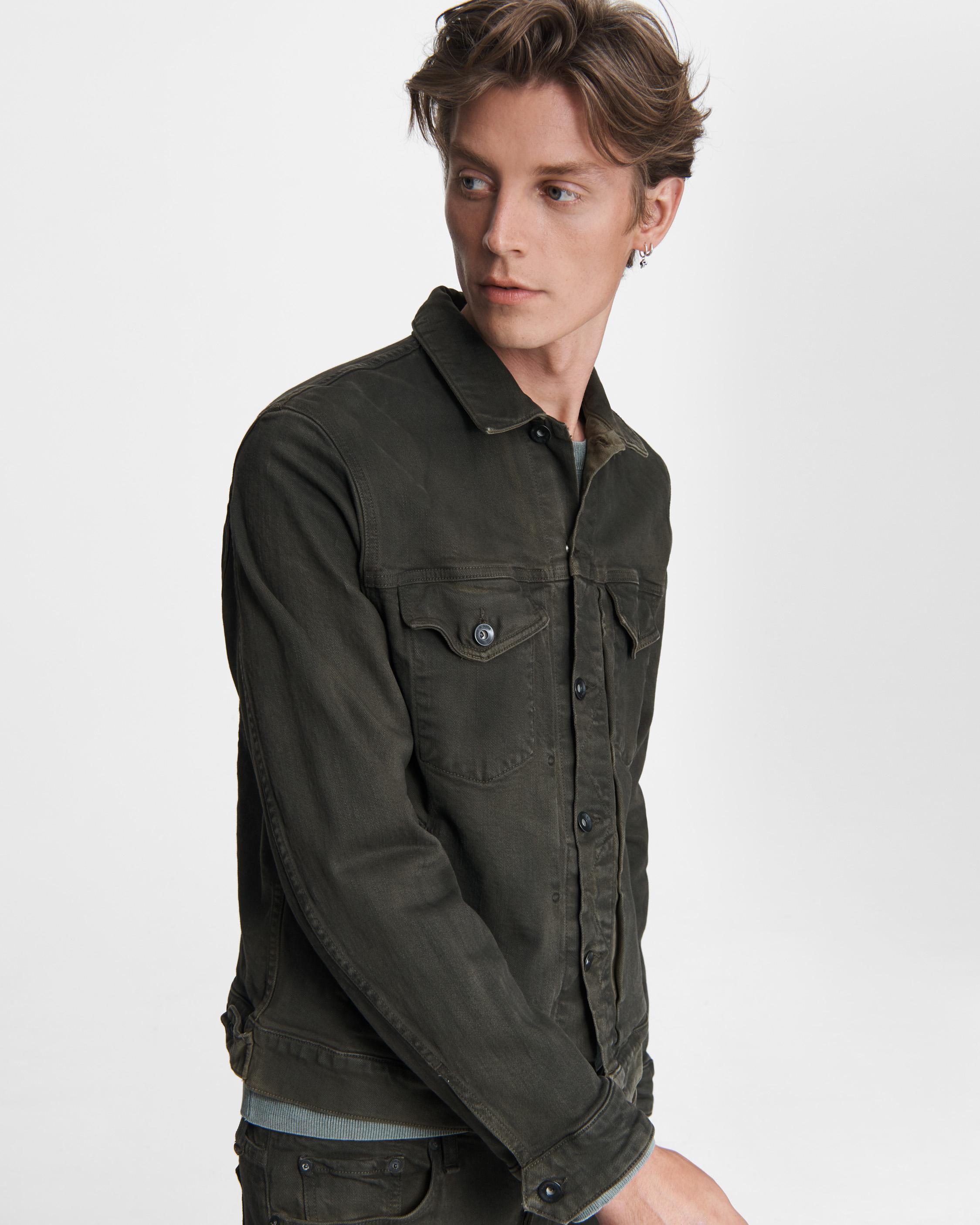 Dark green denim jacket mens best sale