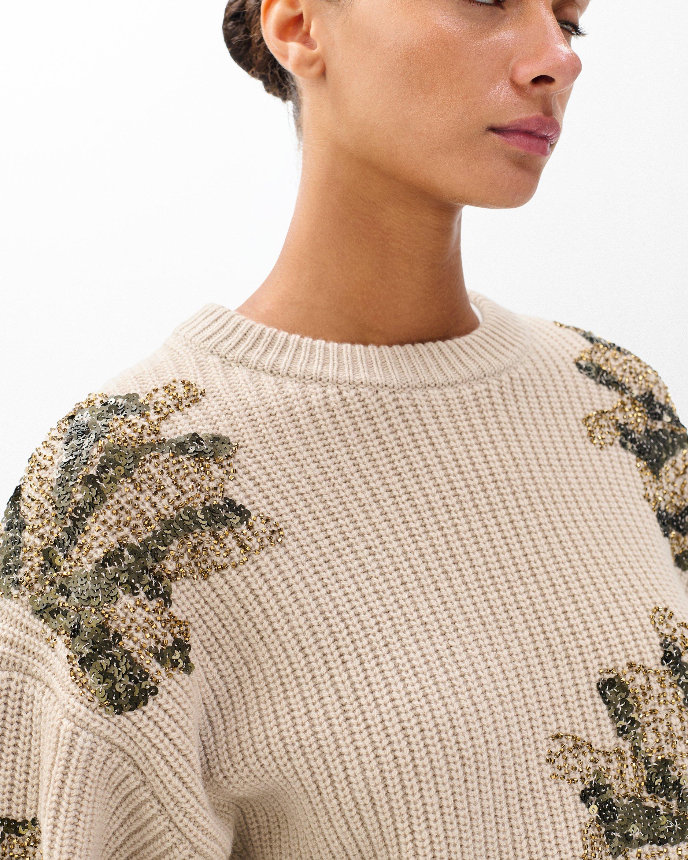 トップス MURRAL FRAMED FLOWER KNIT SWEATER BEIGE Aedceal Women Floral Sweater Long Sleeve Round Neck Casual Lounge