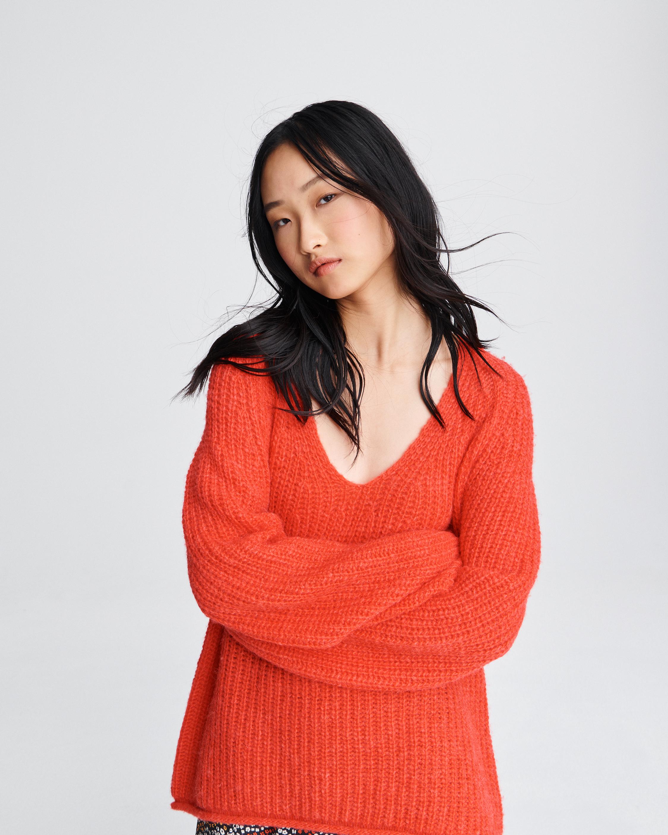 Joseph V Neck Sweater in Bright Coral rag bone