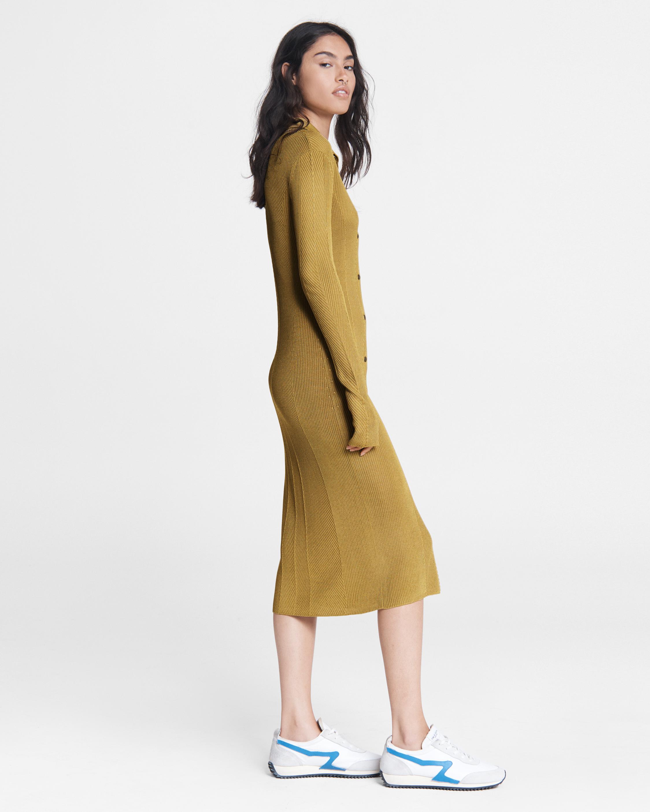 Green Button Through Rib Knit Collared Midi Dress