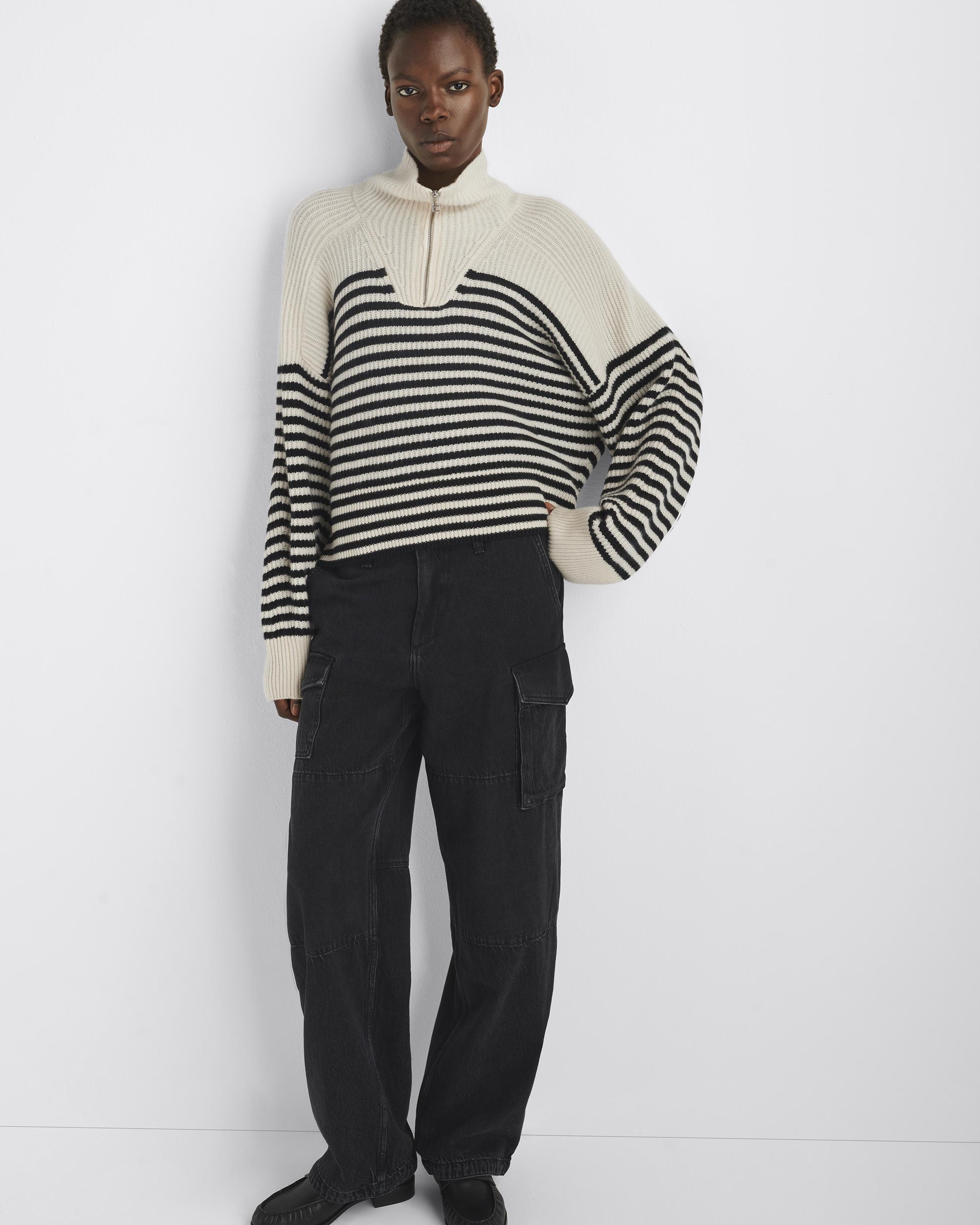 Mixed Stitch Half Zip - Ivory/Birch Stripe