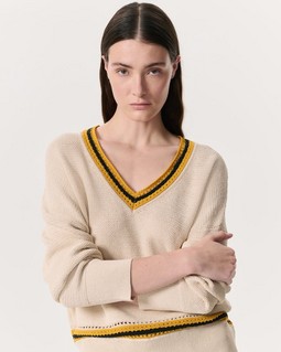 Meghan Striped Crochet-Trim V-Neck Sweater - Ivory | rag & bone Meghan Striped Crochet-Trim V-Neck Sweater - Ivory | rag & bone